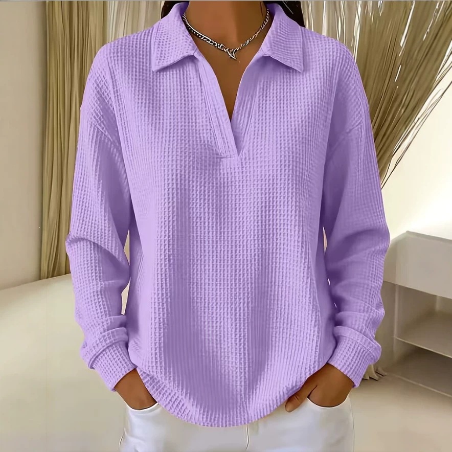Waffle Knit Collared V-Neck Long Sleeve Top