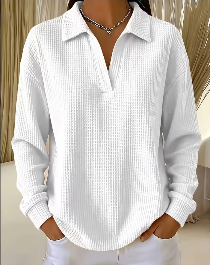 Waffle Knit Collared V-Neck Long Sleeve Top