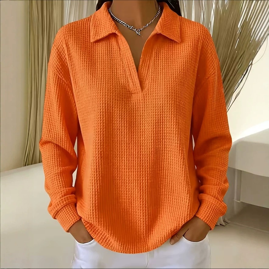 Waffle Knit Collared V-Neck Long Sleeve Top