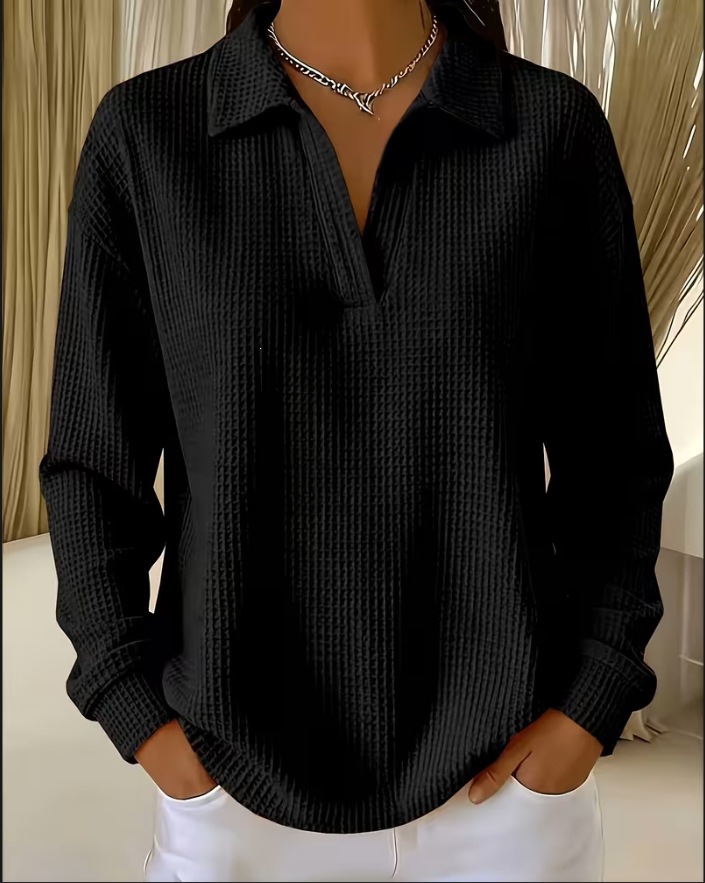 Waffle Knit Collared V-Neck Long Sleeve Top