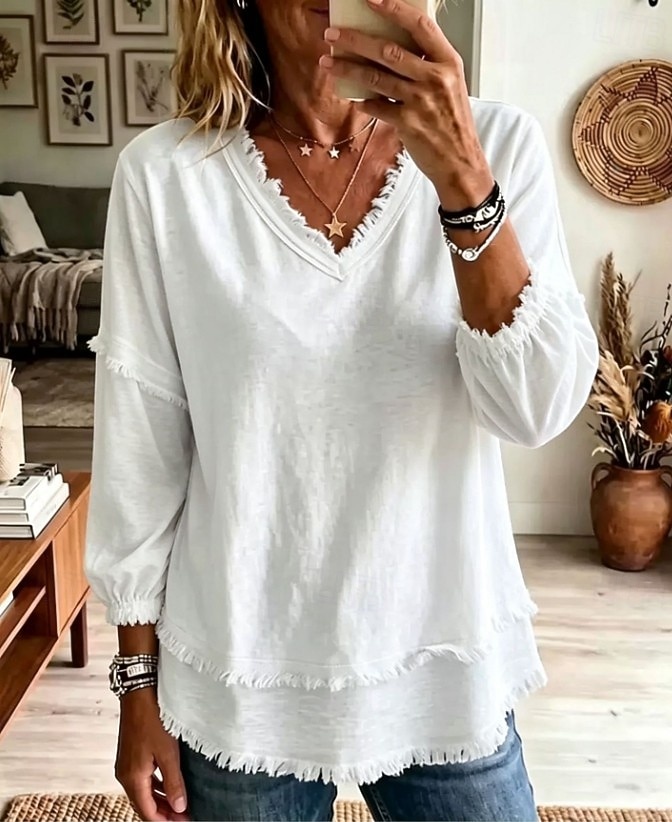 Women's Shirt Boho Shirt Lace Shirt Fringe Solid Color Plain Bohemia Vacation Daily Long Sleeve V Neck Long Tops Casual Blue White Khaki Purple Summer Spring Fall 2026 - $26.99 &ndash;P1