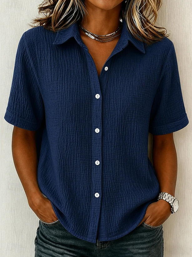 Textured Collared Short Sleeve Button Down Shirt