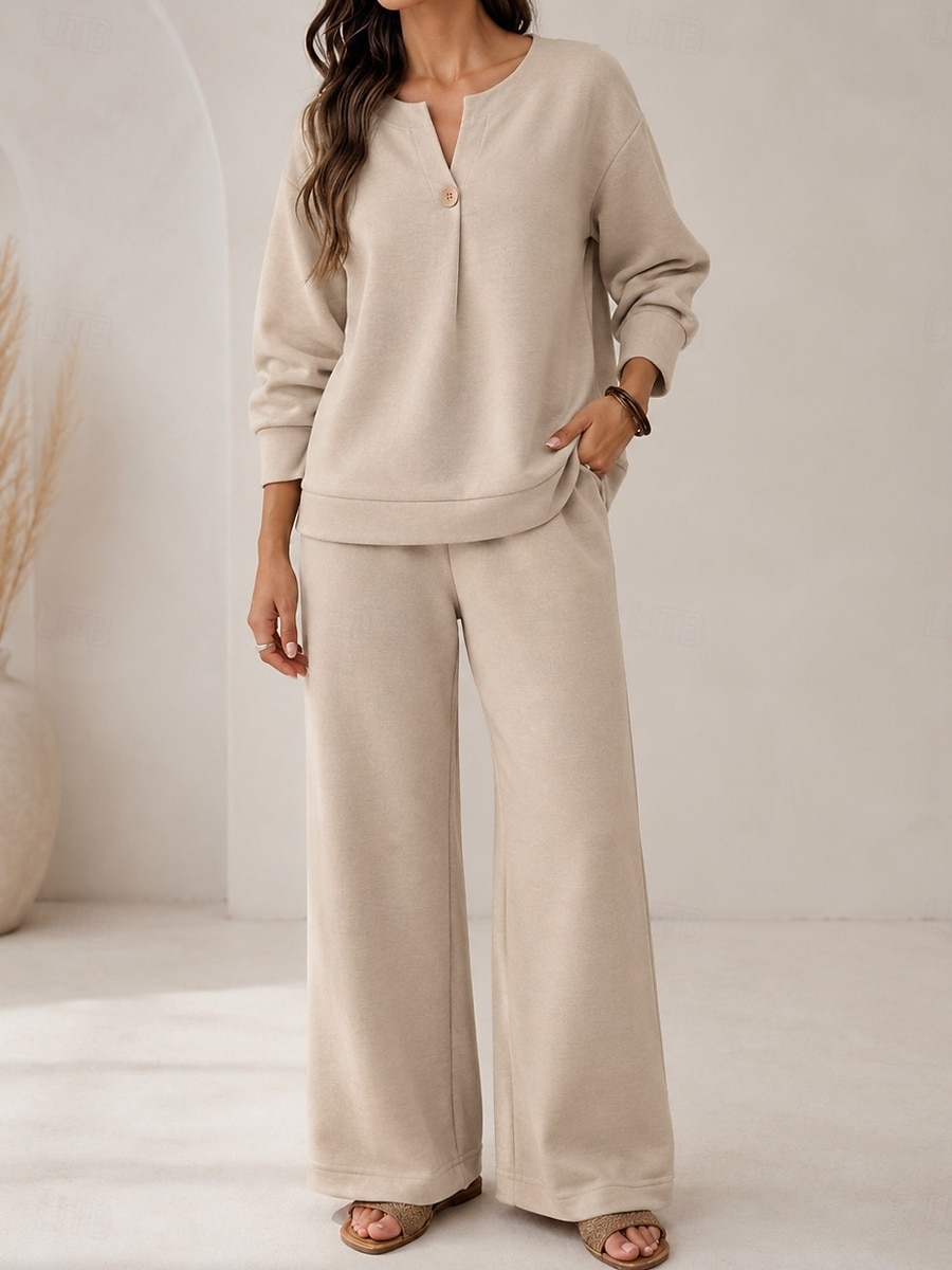 Women's Pants Sets Long Sleeve V Neck Plain Vacation Daily Casual Daily Blue Khaki Gray Spring Loose Fit 2026 - $44.99 &ndash;P1