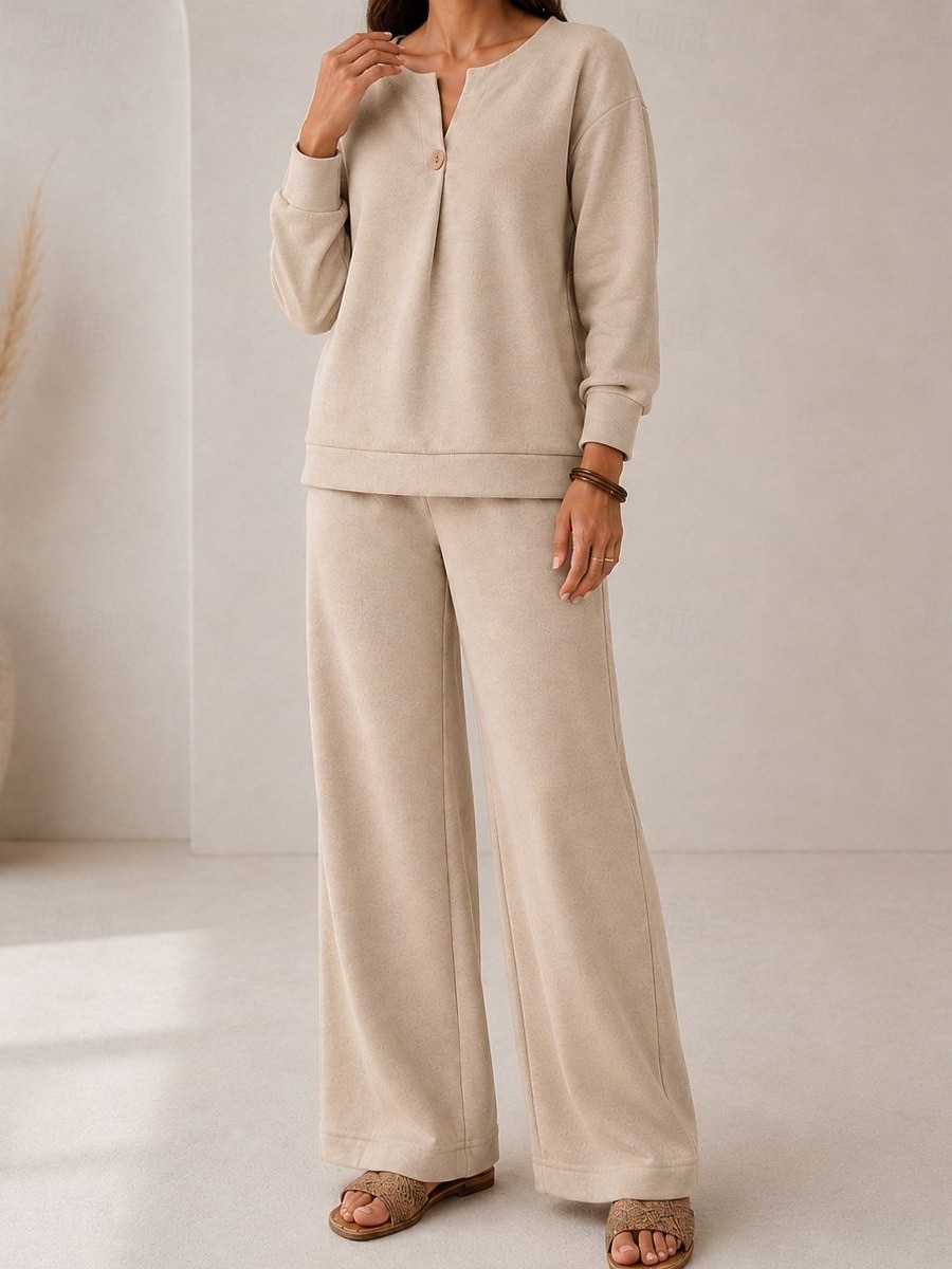 Women's Pants Sets Long Sleeve V Neck Plain Vacation Daily Casual Daily Blue Khaki Gray Spring Loose Fit 2026 - $44.99 &ndash;P2