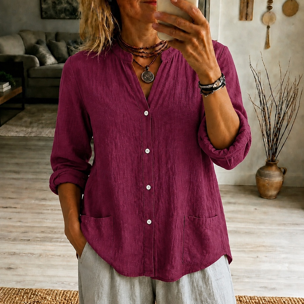 Women's Henley Neck Blouse Casual Loose Fit Long Sleeve Button Up Shirt with Pockets 2026 - OMR 12.19 –P5