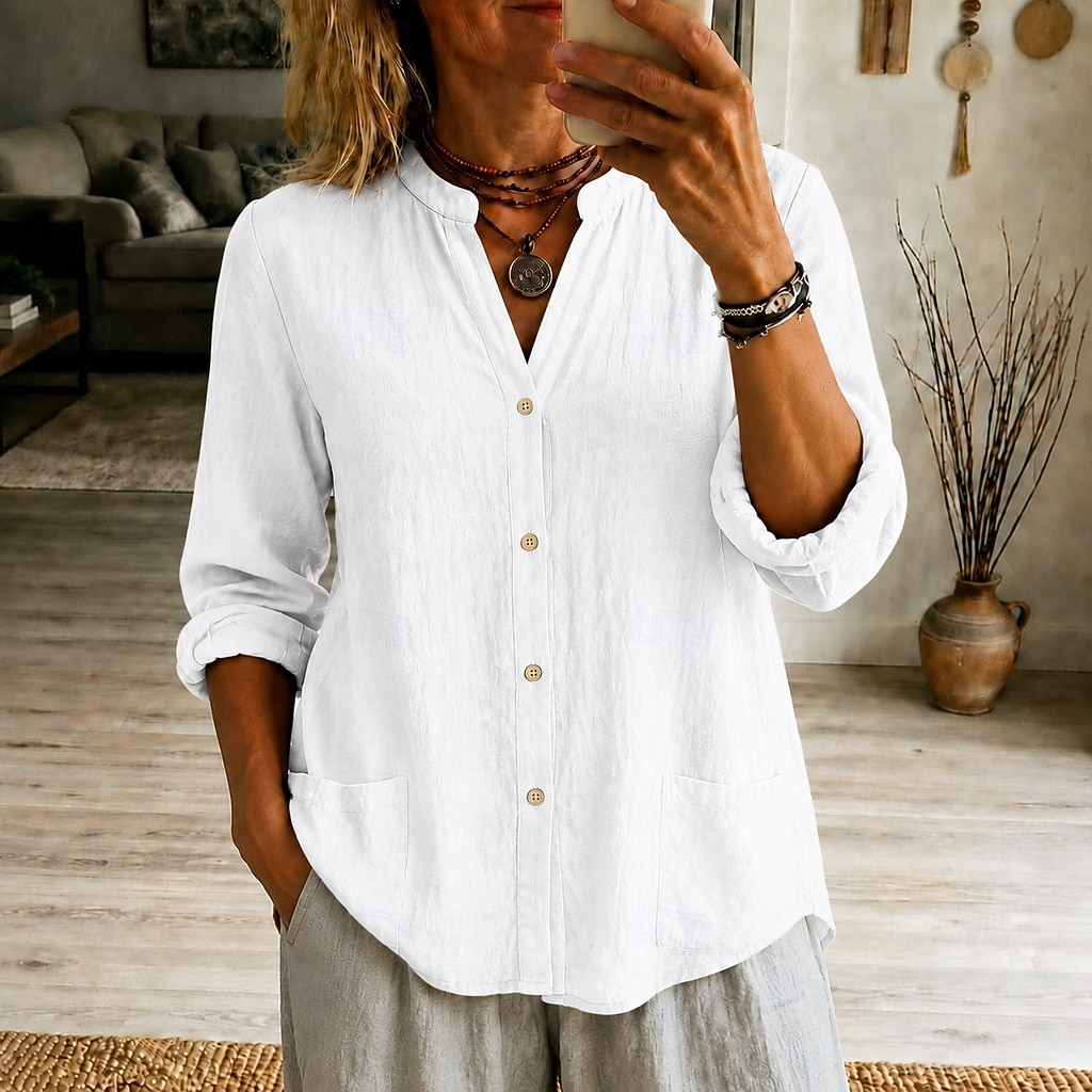Women's Henley Neck Blouse Casual Loose Fit Long Sleeve Button Up Shirt with Pockets 2026 - OMR 12.19 –P4