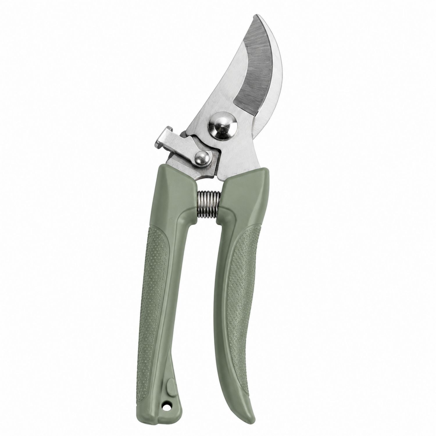 Grüne Gartenschere mit gebogener Klinge und rutschfestem ergonomischem Griff
