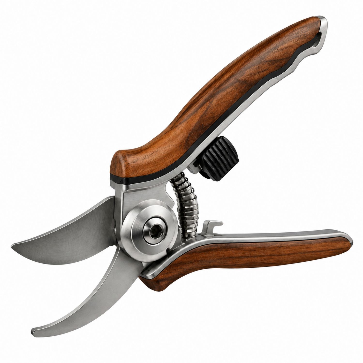 Gartenschere mit gebogener Klinge und ergonomischem Holzgriff