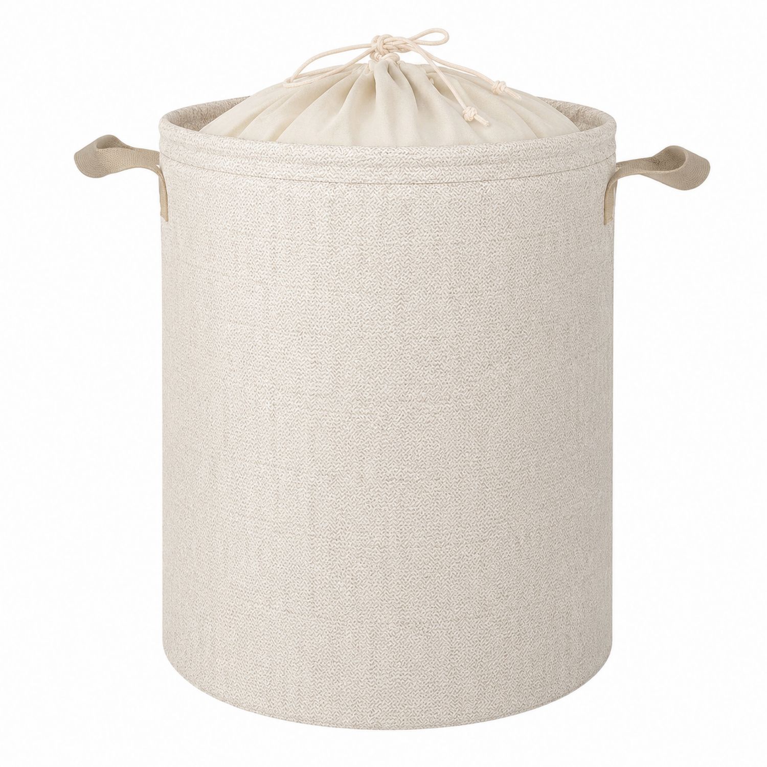 Panier à linge beige rond 50L avec cordon et poignées-Placerux