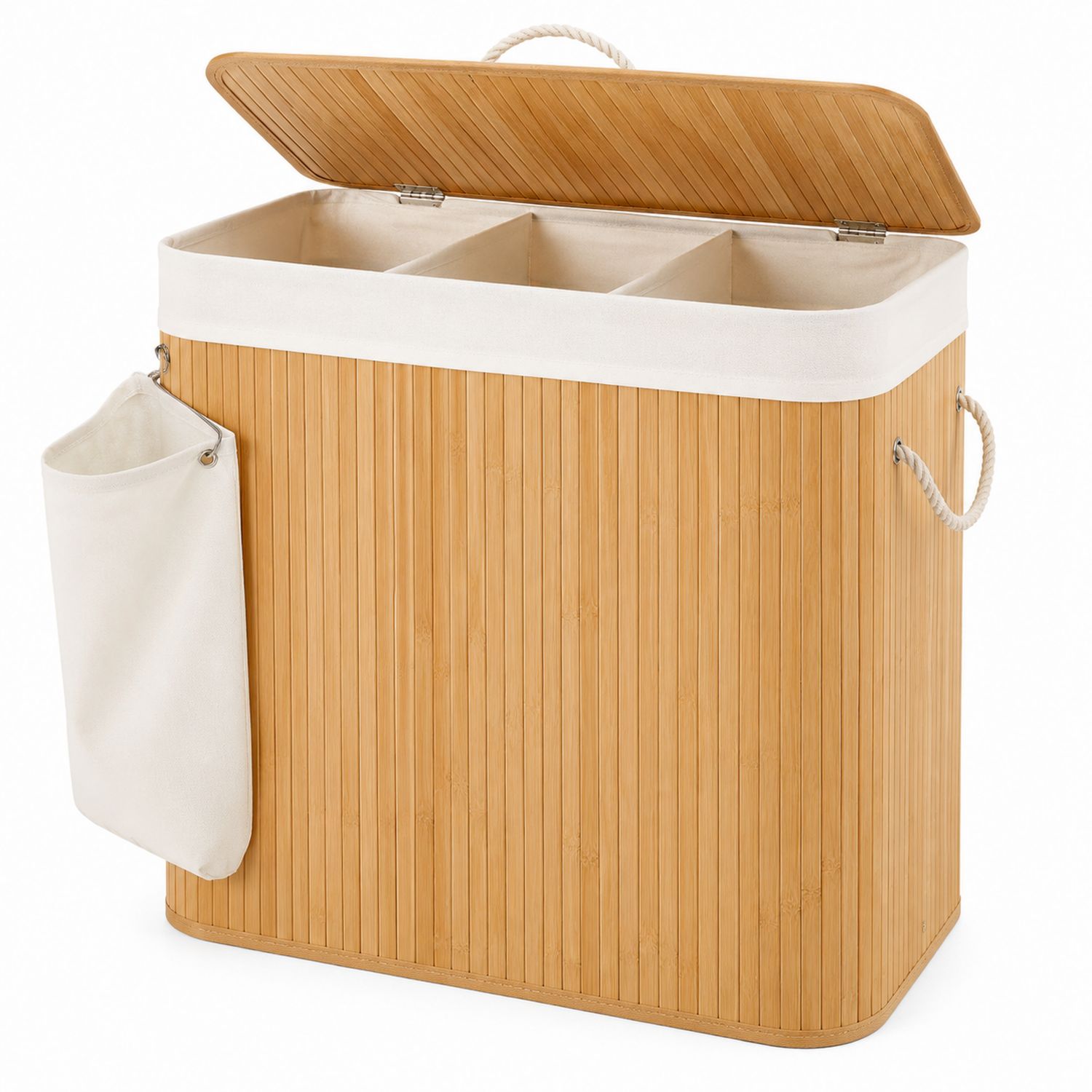Panier à linge en bambou 100L avec 3 compartiments-Placerux