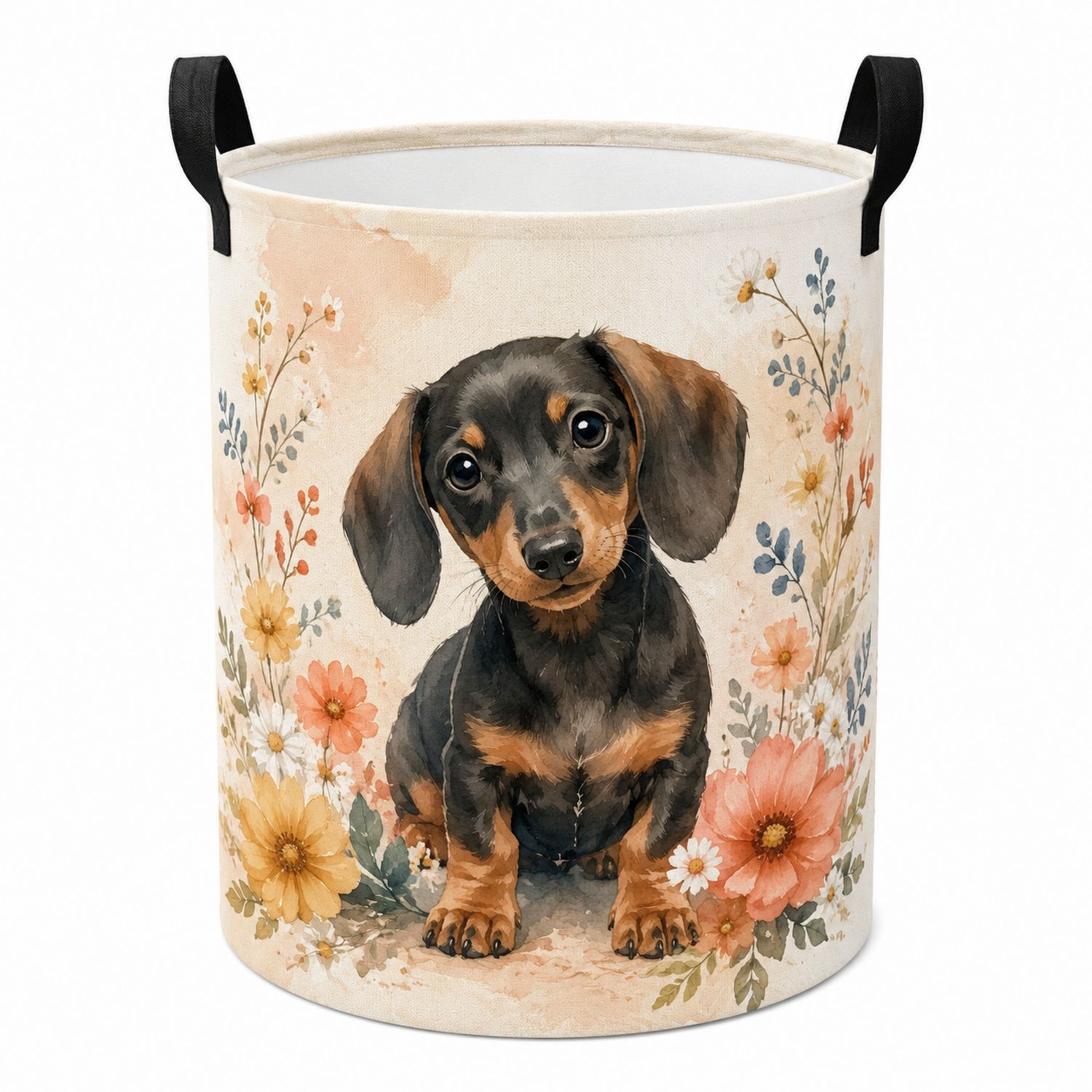Panier de Rangement Rond avec Motif Teckel et Fleurs - Beige/Noir/Multicolore-Placerux