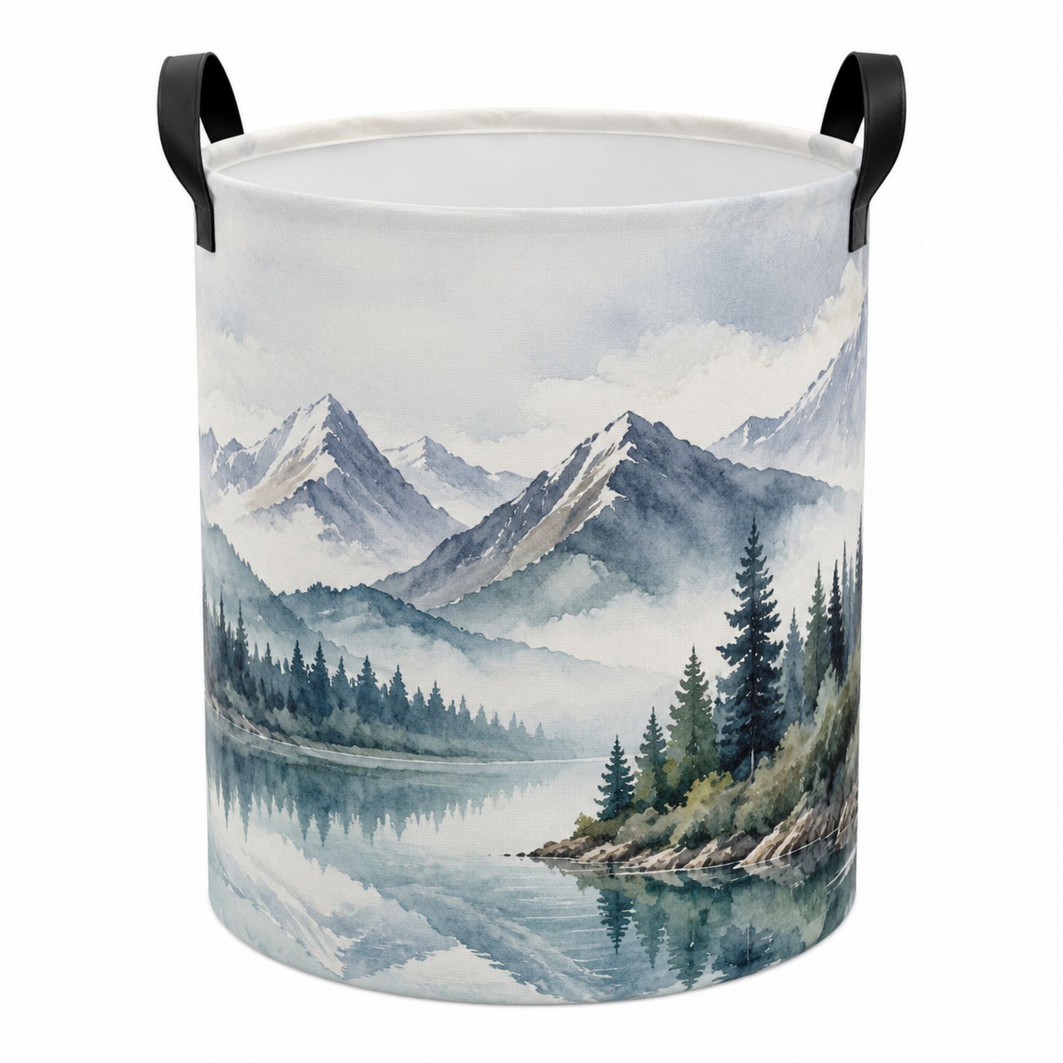 Panier à Linge Paysage Montagne avec Poignées en Similicuir - Bleu et Blanc-Placerux