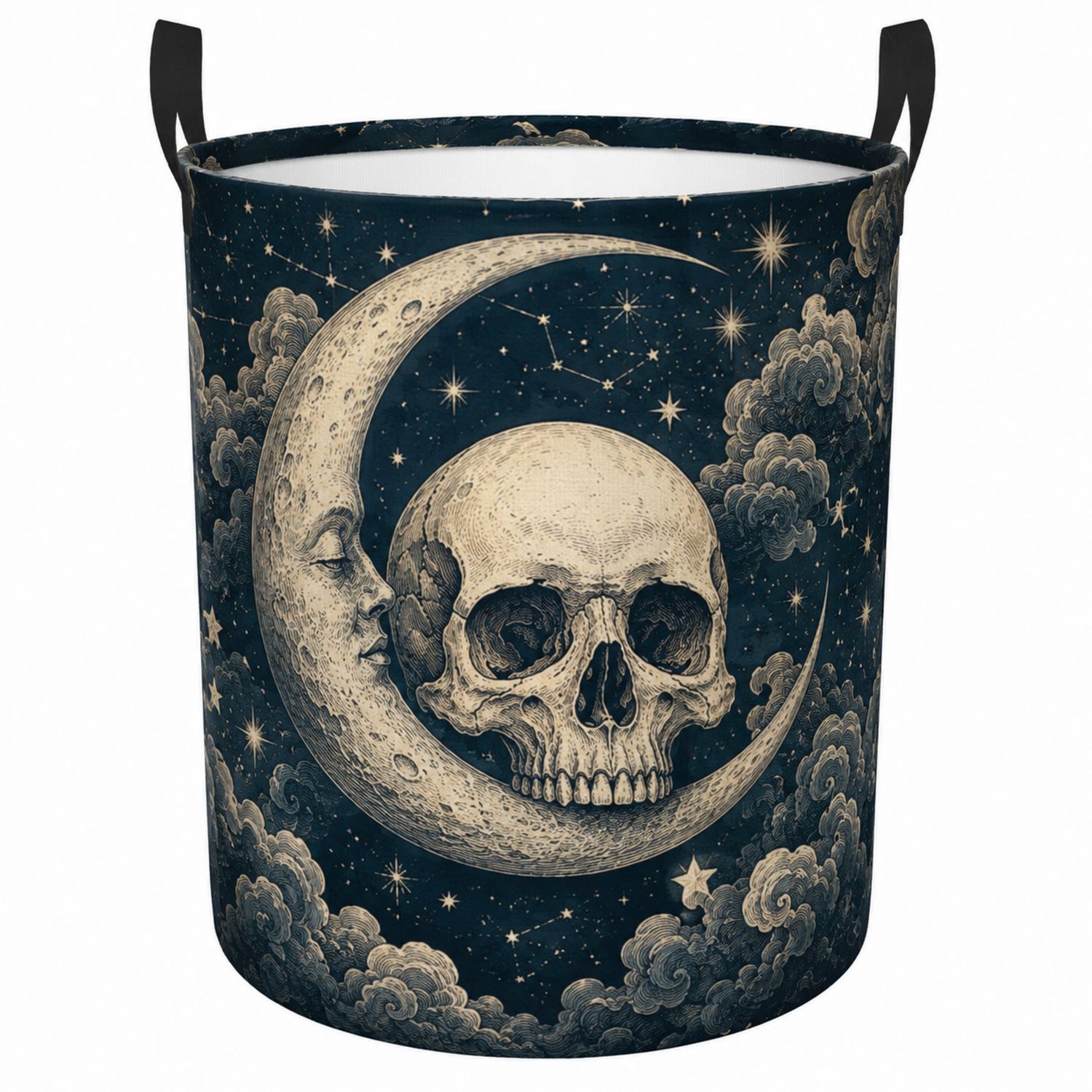 Panier à linge pliable motif crâne et lune - Noir/Beige 45x50 cm-Placerux