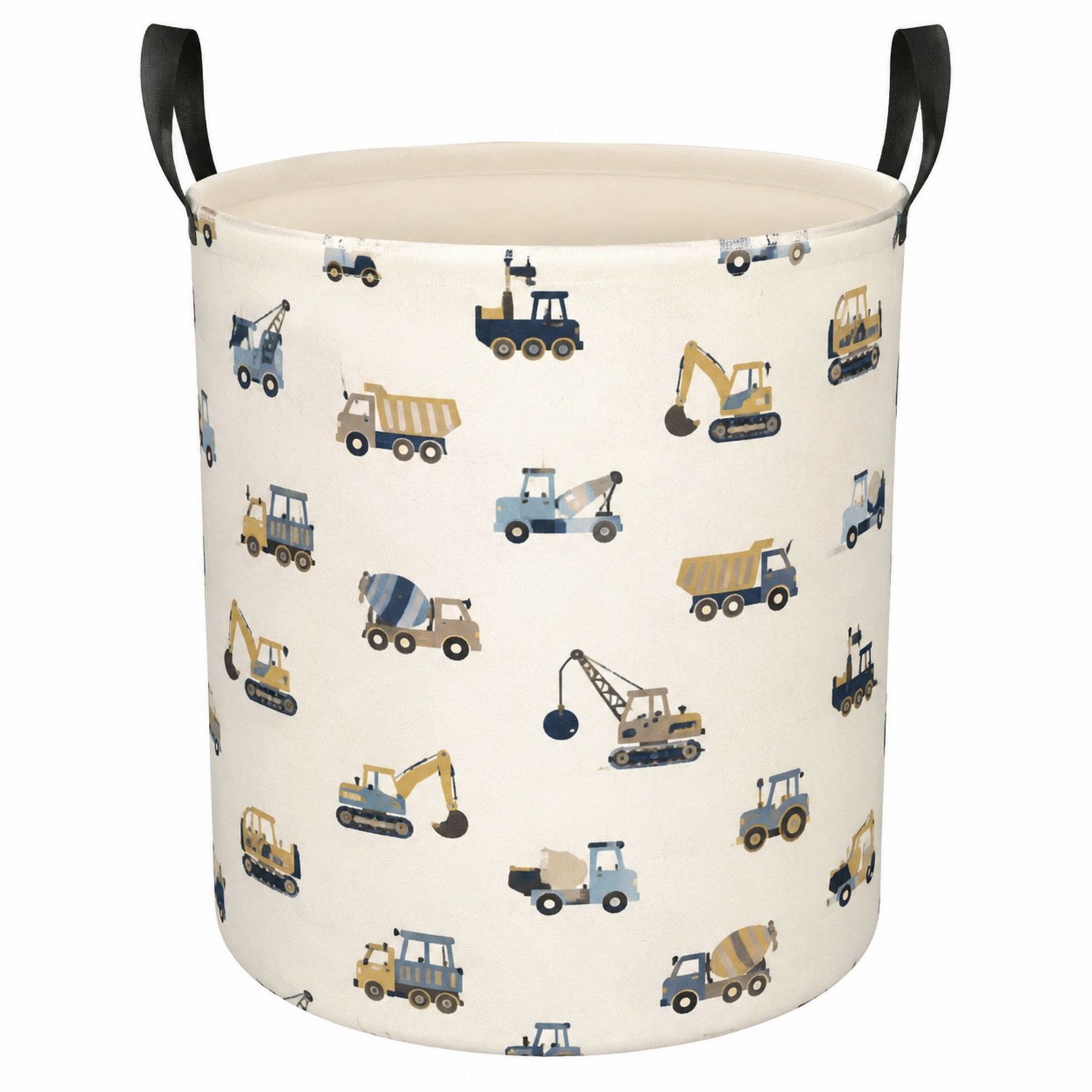 Panier de rangement cylindrique avec motifs de véhicules de construction - Beige/Bleu/Jaune-Placerux