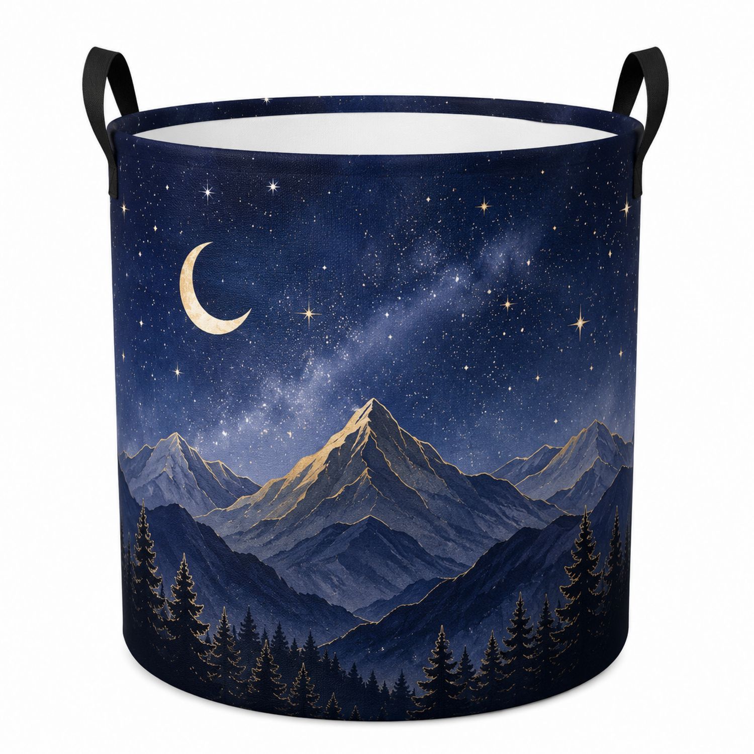 Panier à linge pliable bleu nuit avec motif montagne et ciel étoilé-Placerux