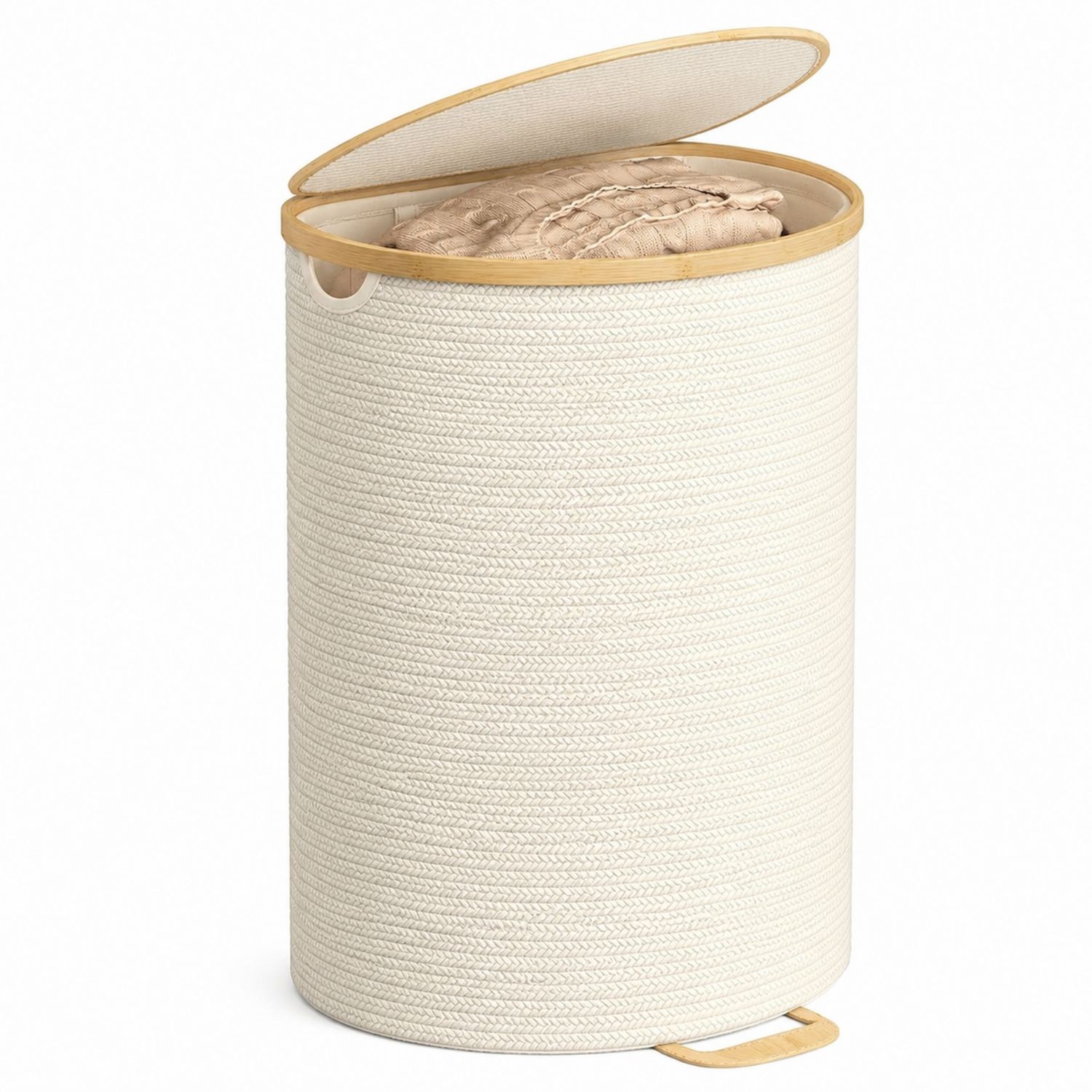 Panier à linge beige avec couvercle en corde tressée-Placerux