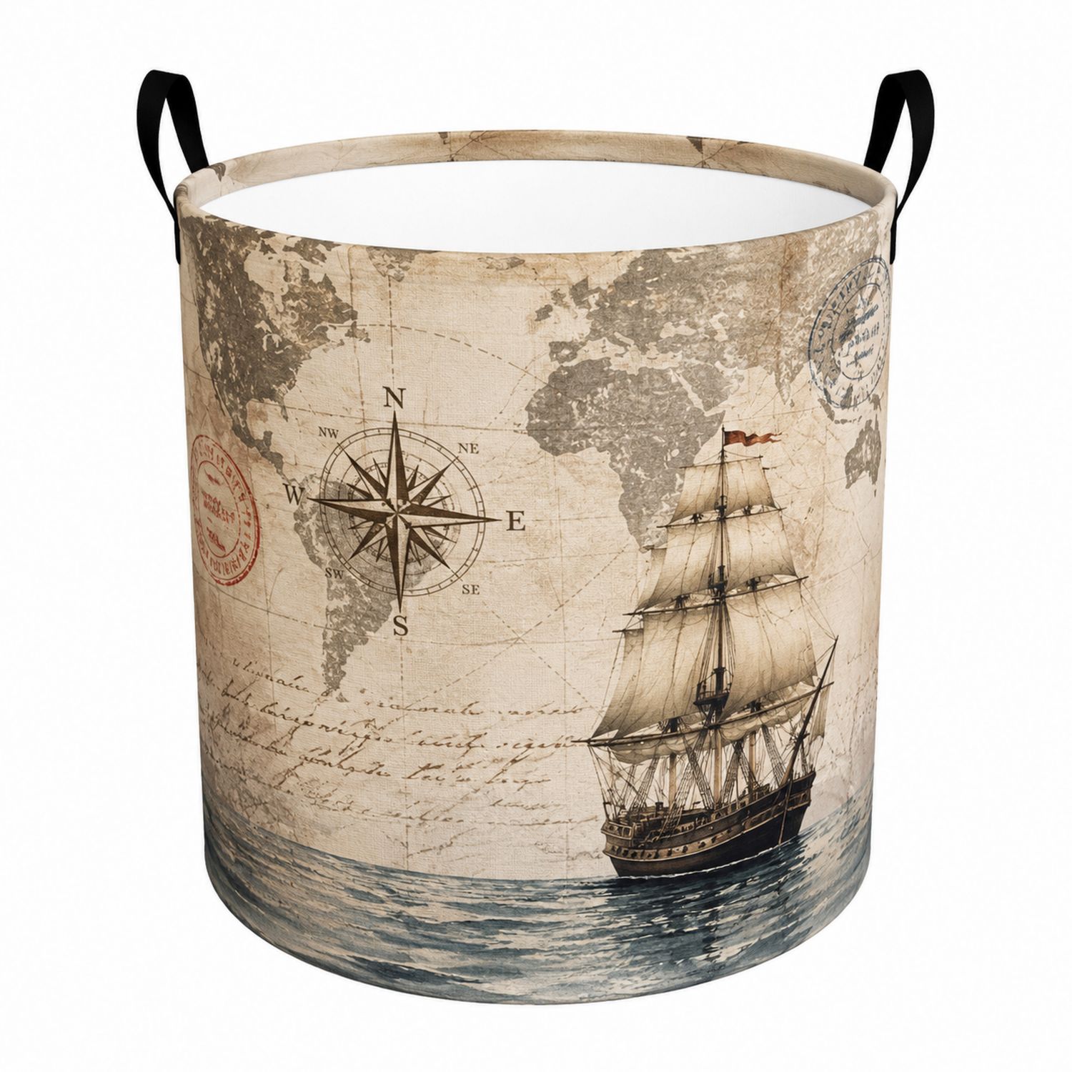 Panier à linge carte marine vintage avec poignées-Placerux
