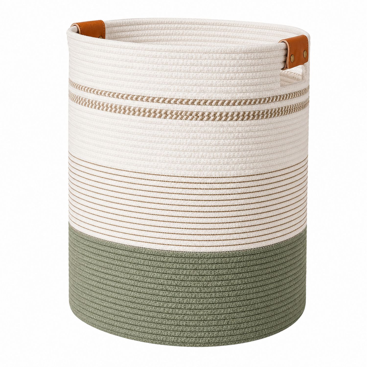 Panier de Rangement Cylindrique en Corde de Coton Blanc/Beige/Vert avec Poignées-Placerux