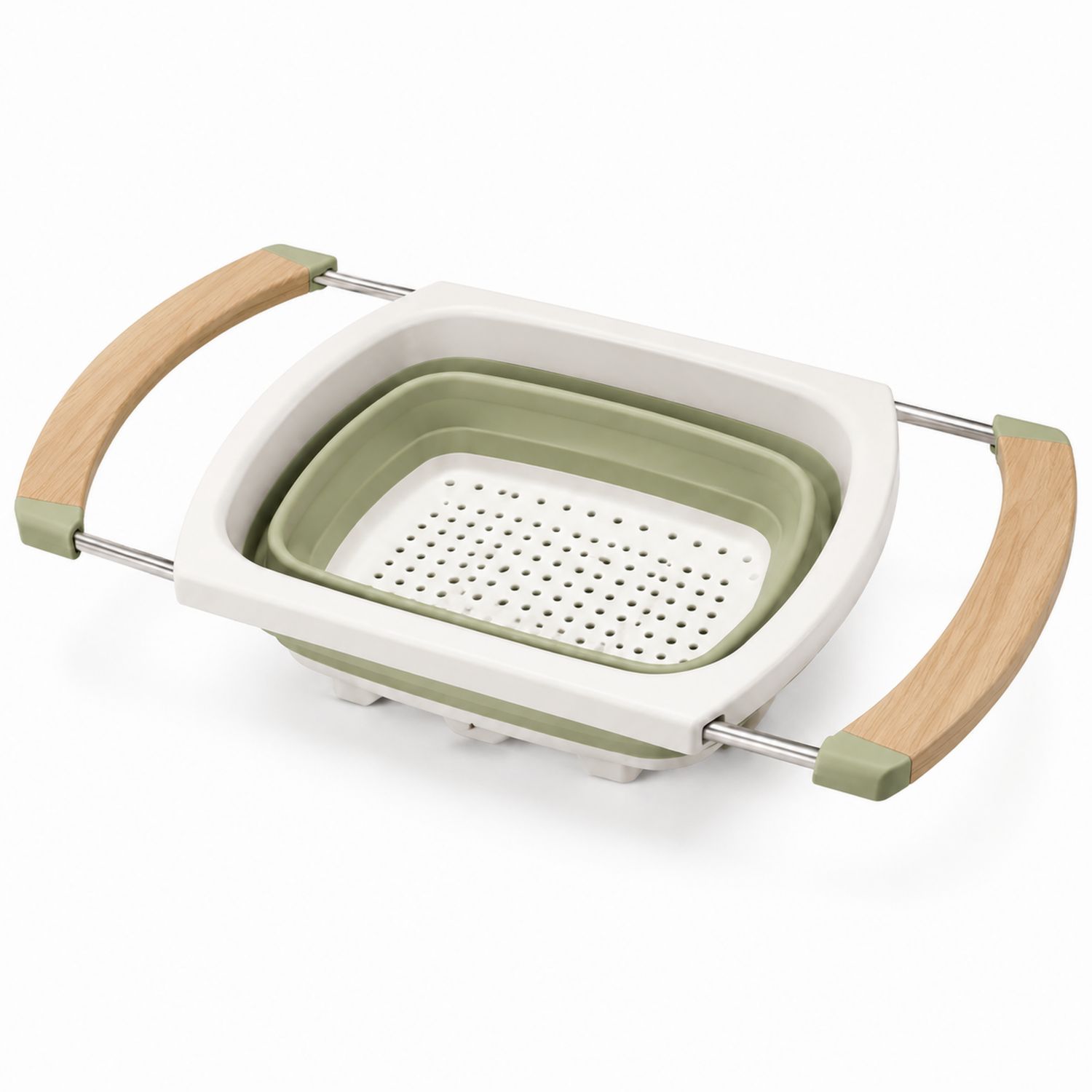 Passoire Pliable Extensible avec Poignées en Bois - Vert/Blanc