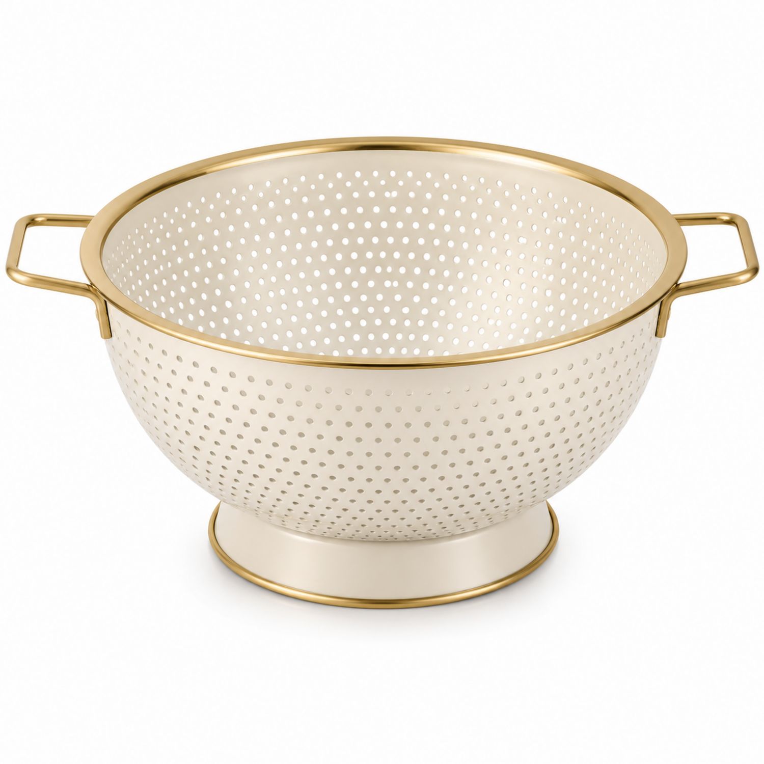 Passoire en métal doré avec poignées ergonomiques, couleur ivoire