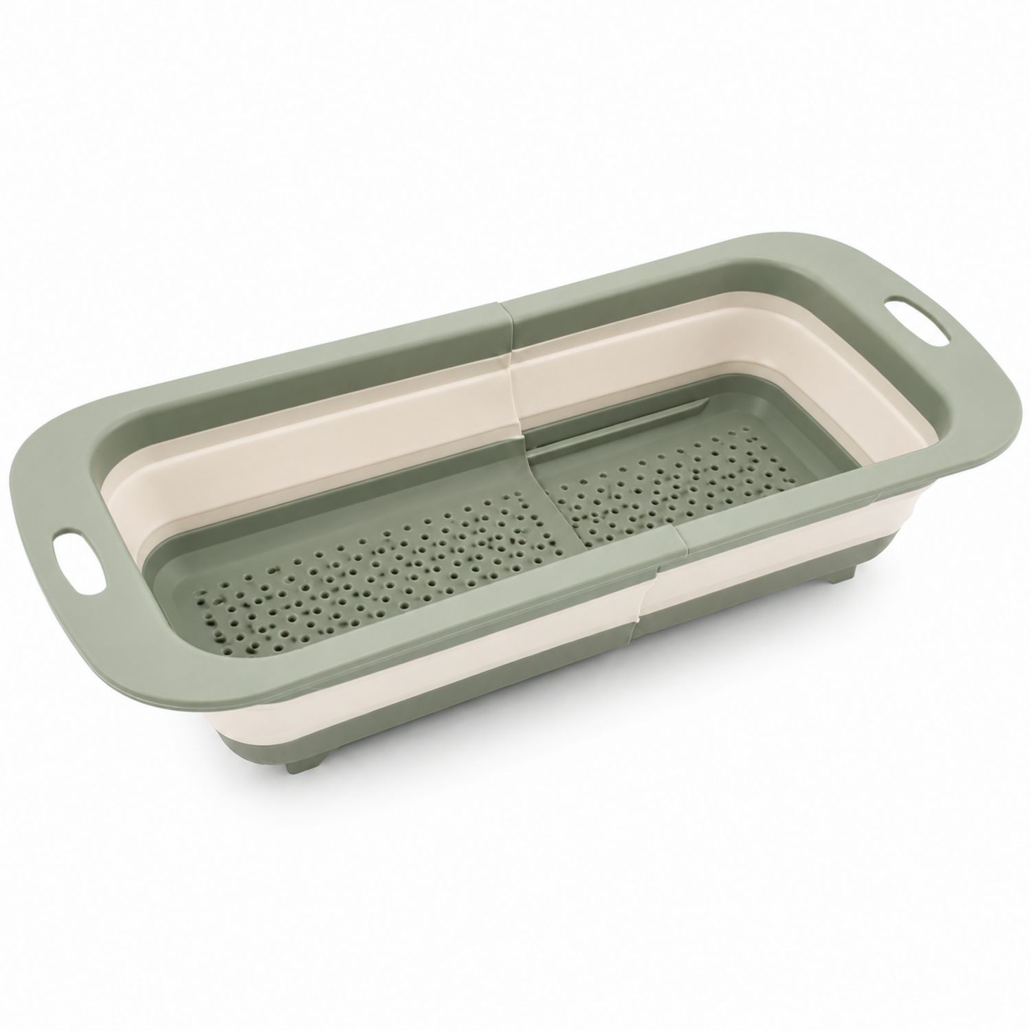 Passoire pliable extensible vert et beige avec poignées doubles