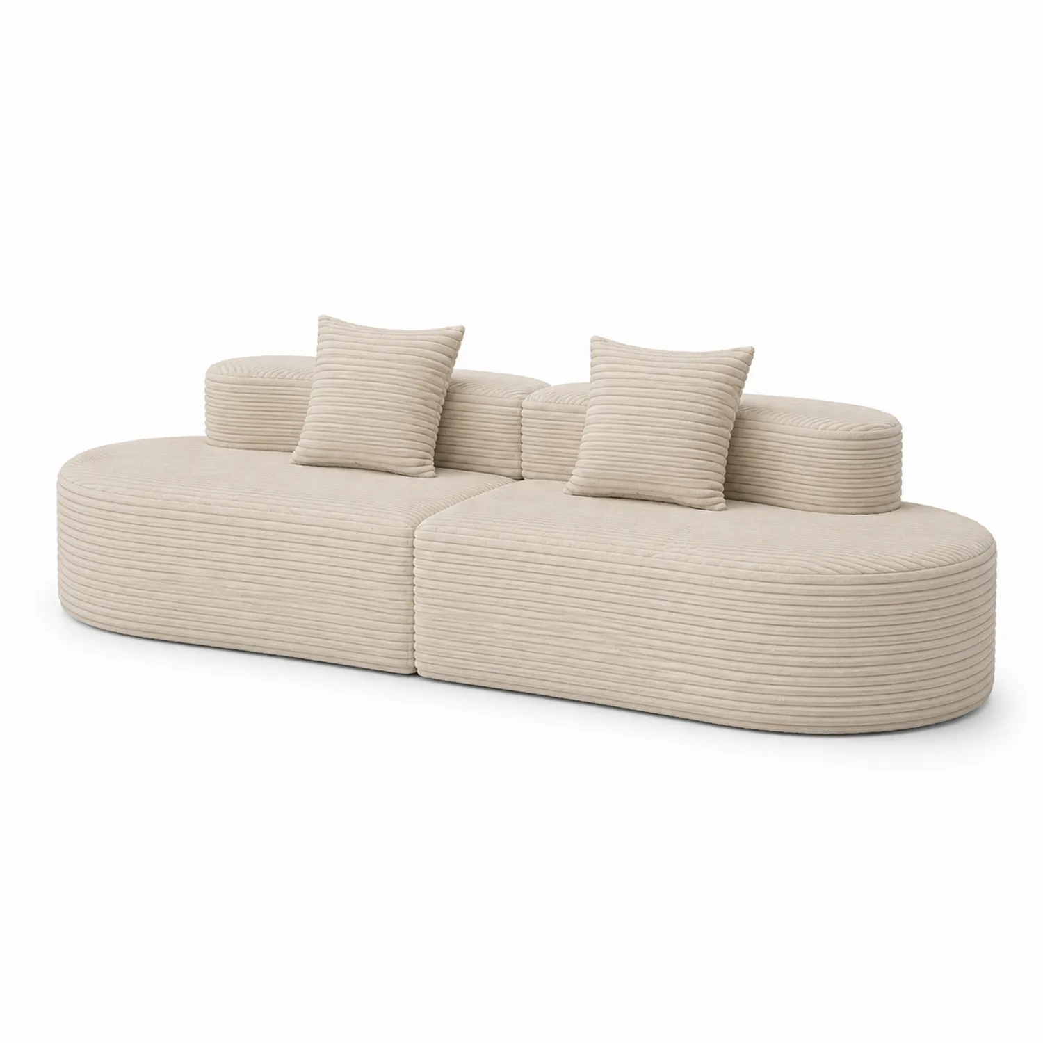 Beżowa sofa welurowa 300x100 cm z trzema poduszkami