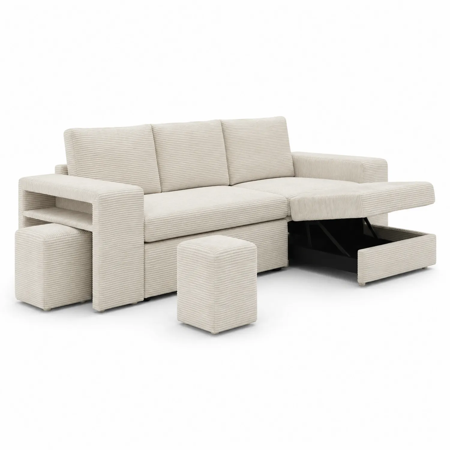 Narożna sofa rozkładana z pufami z beżowego sztruksu 220x150x90 cm