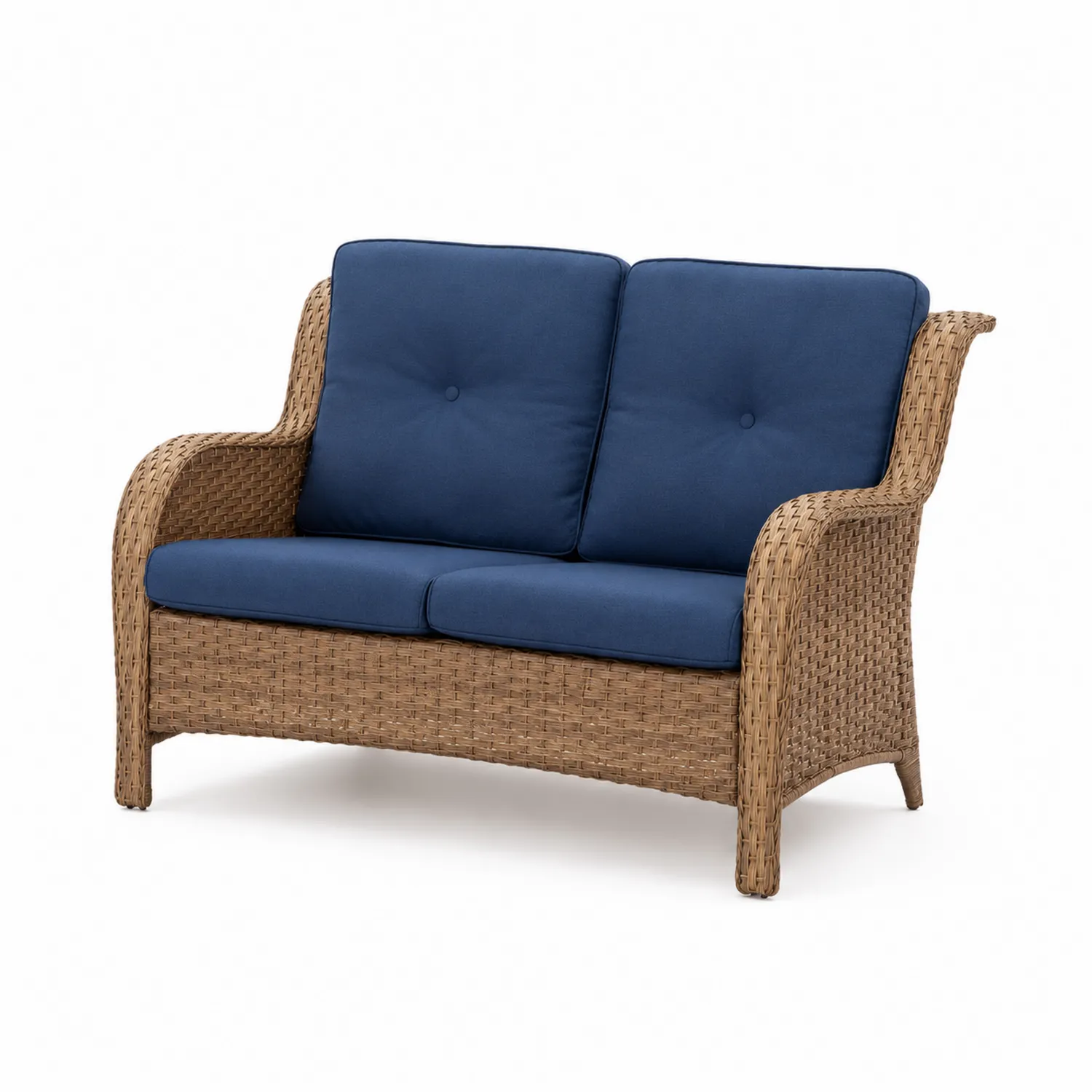 2-osobowa sofa z rattanu z niebieskimi poduszkami