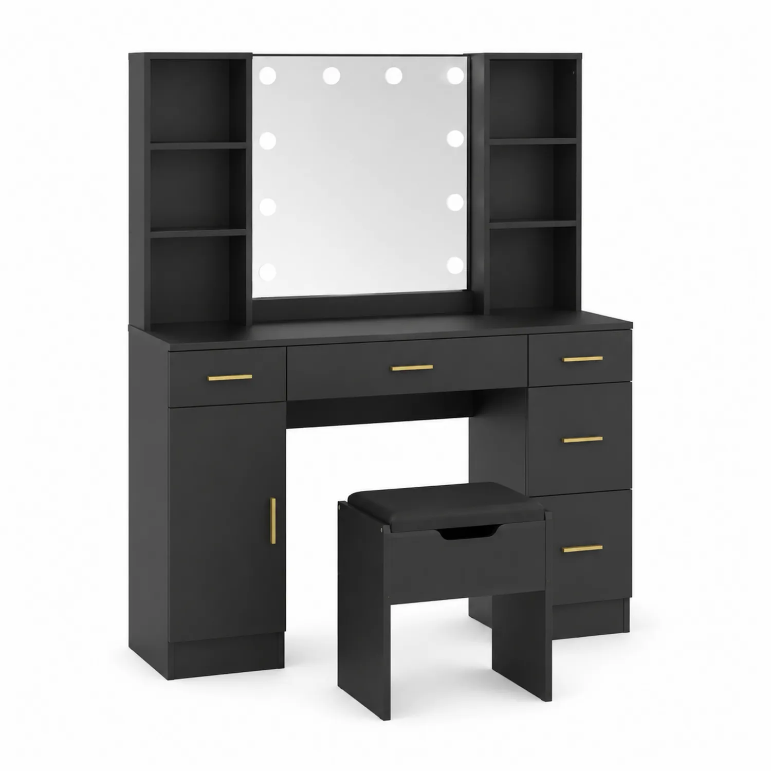 Toaletka z lustrem LED i taboretem czarna MDF