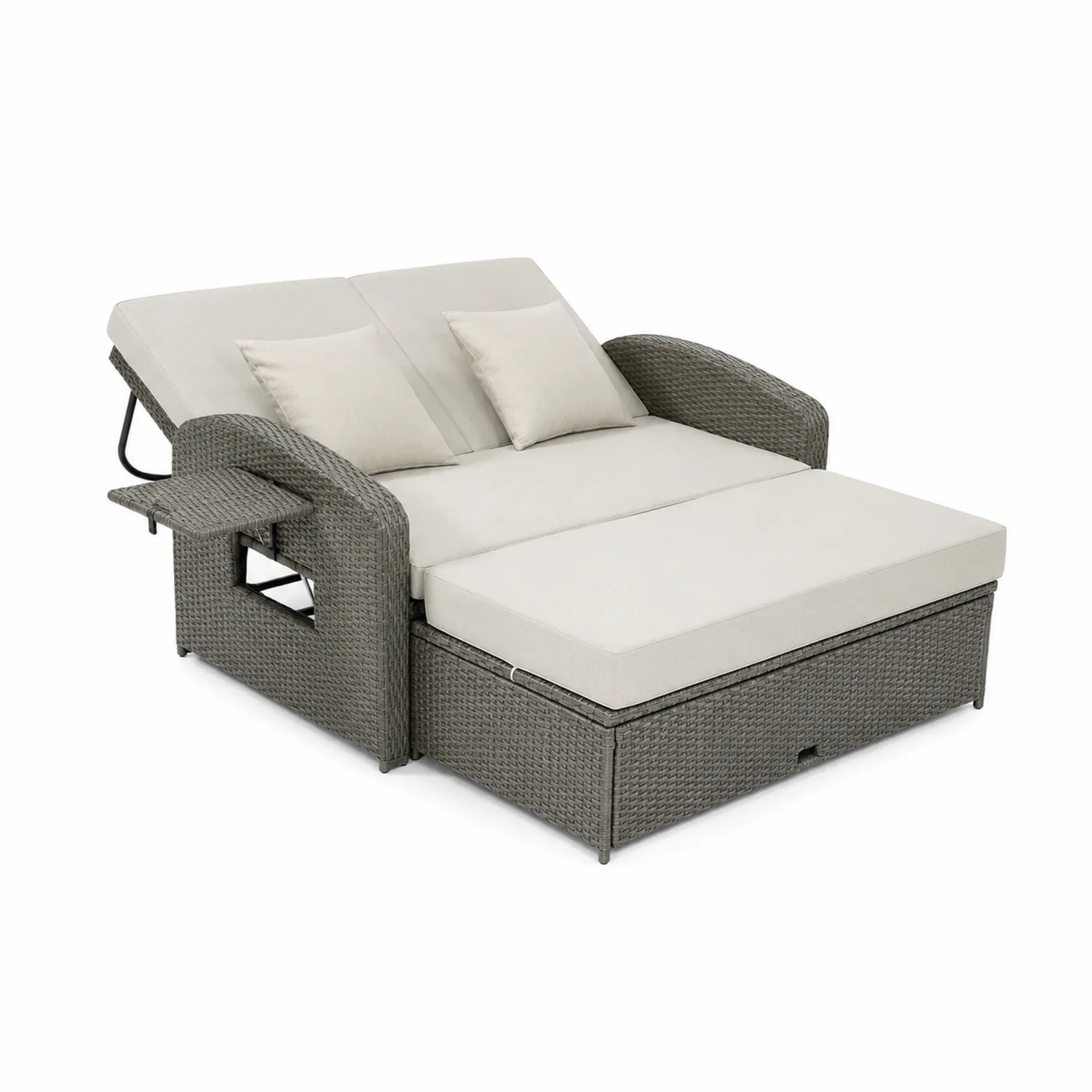 Modułowa sofa ogrodowa z technorattanu z leżakami szara, poduszki beżowe