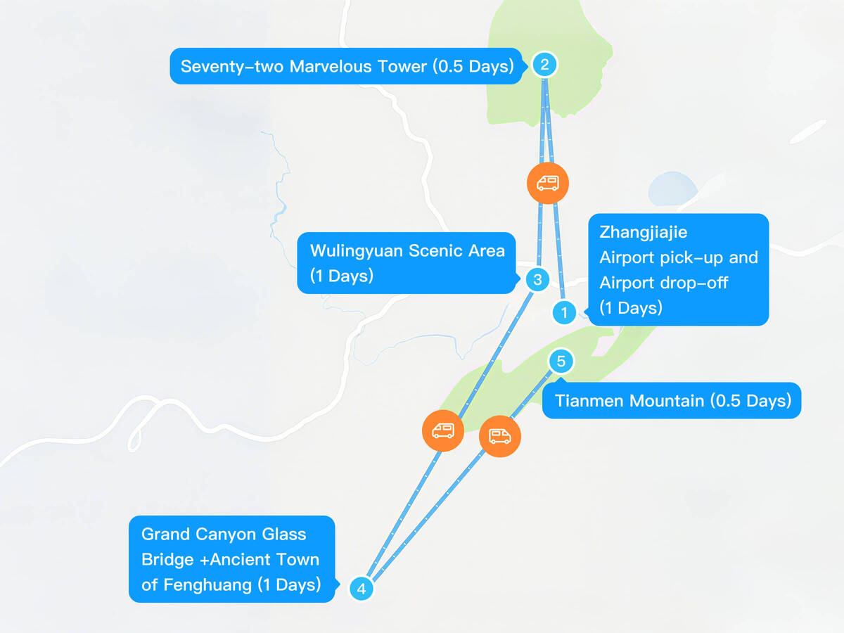 4-Day Zhangjiajie-Wulingyuan-Seventy-two Marvelous Tower-Fenghuang Ancient Town-Tianmen Mountain Tour