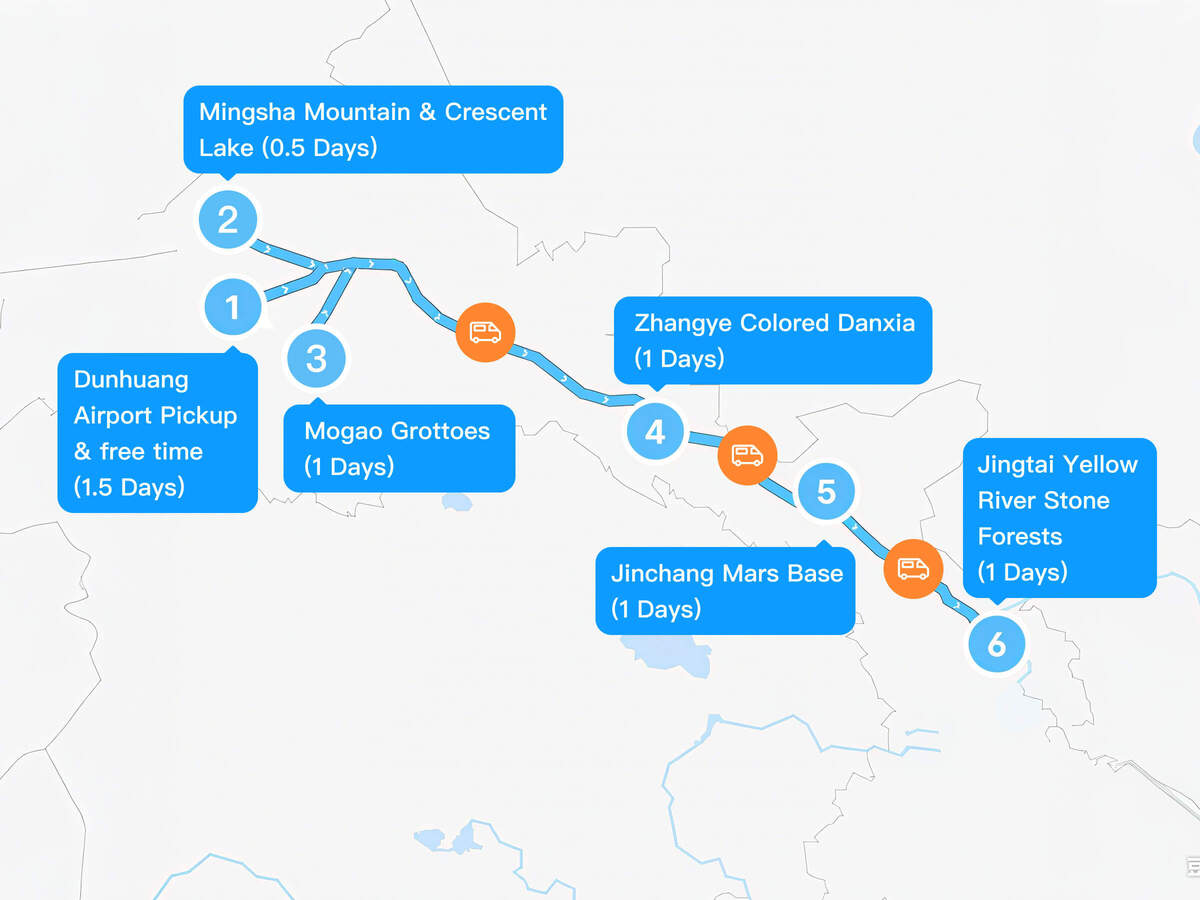 6-Day Dunhuang-Mingsha Mountain & Crescent Lake-Mogao Grottoes-Zhangye Colored Danxia-Lanzhou Yellow River Scenic Belt Tour