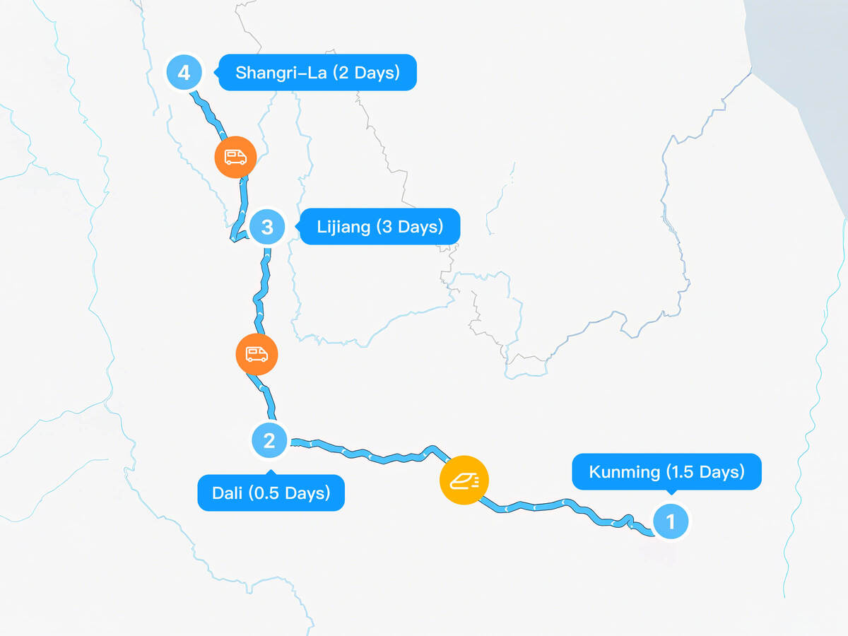 7-Day Kunming Stone Forest-Dali Ancient City-Yulong Snow Mountain-Shuhe Ancient Town-Tiger Leaping Gorge-Pudacuo National Park-Songzanlin Monastery-Dukezong Ancient City-Balagezong (Lijiang) Tour