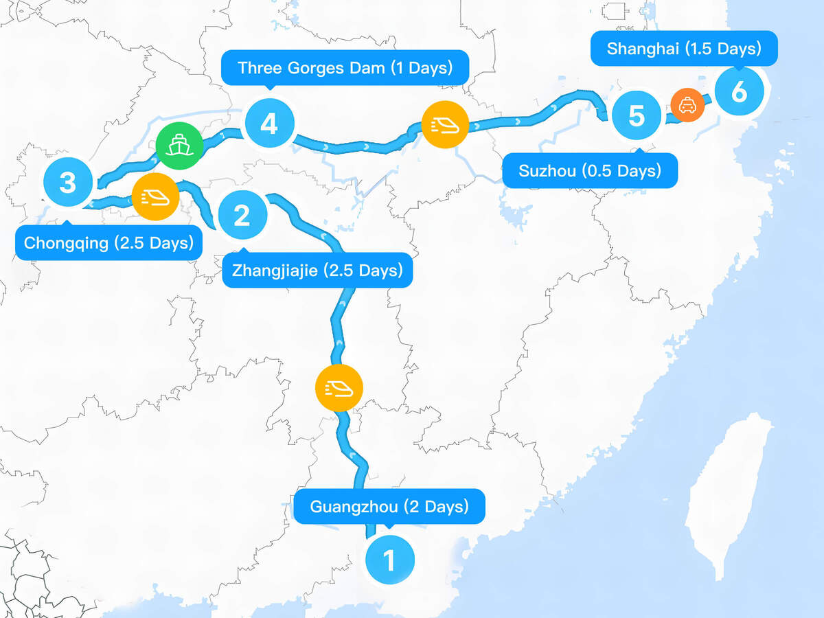 10-Day Guangzhou-Zhangjiajie-Chongqing Three Gorges-Suzhou-Shanghai Tour