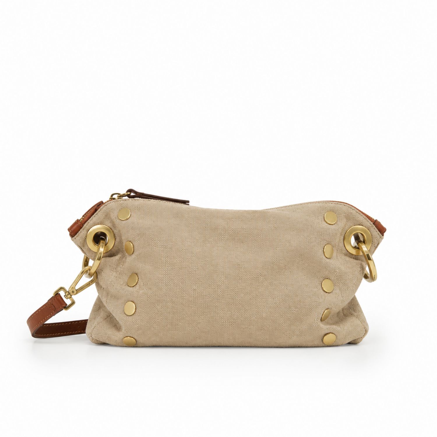 Bolso de mano beige con remaches y correa ajustable
