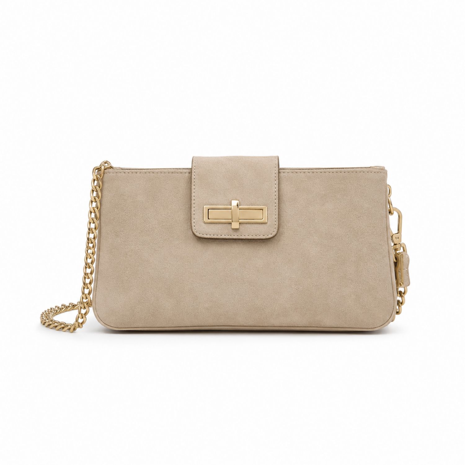 Bolso de mano beige con cadena dorada y cierre giratorio