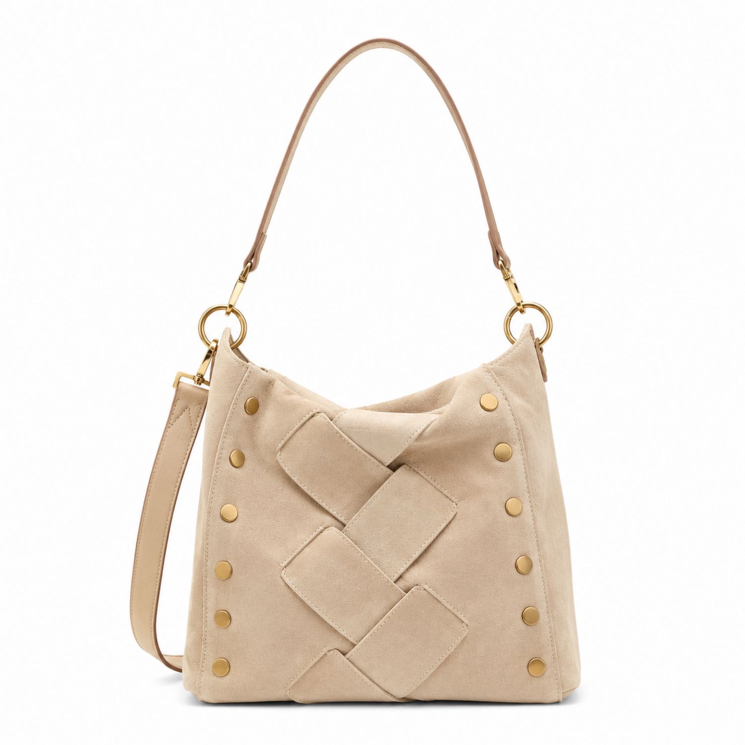 Bolso de hombro beige con diseño trenzado y detalles dorados