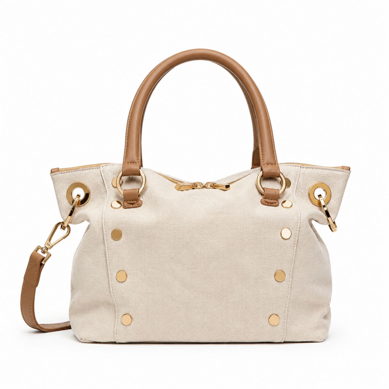Bolso de Mano Beige con Detalles en Marrón y Metal Dorado