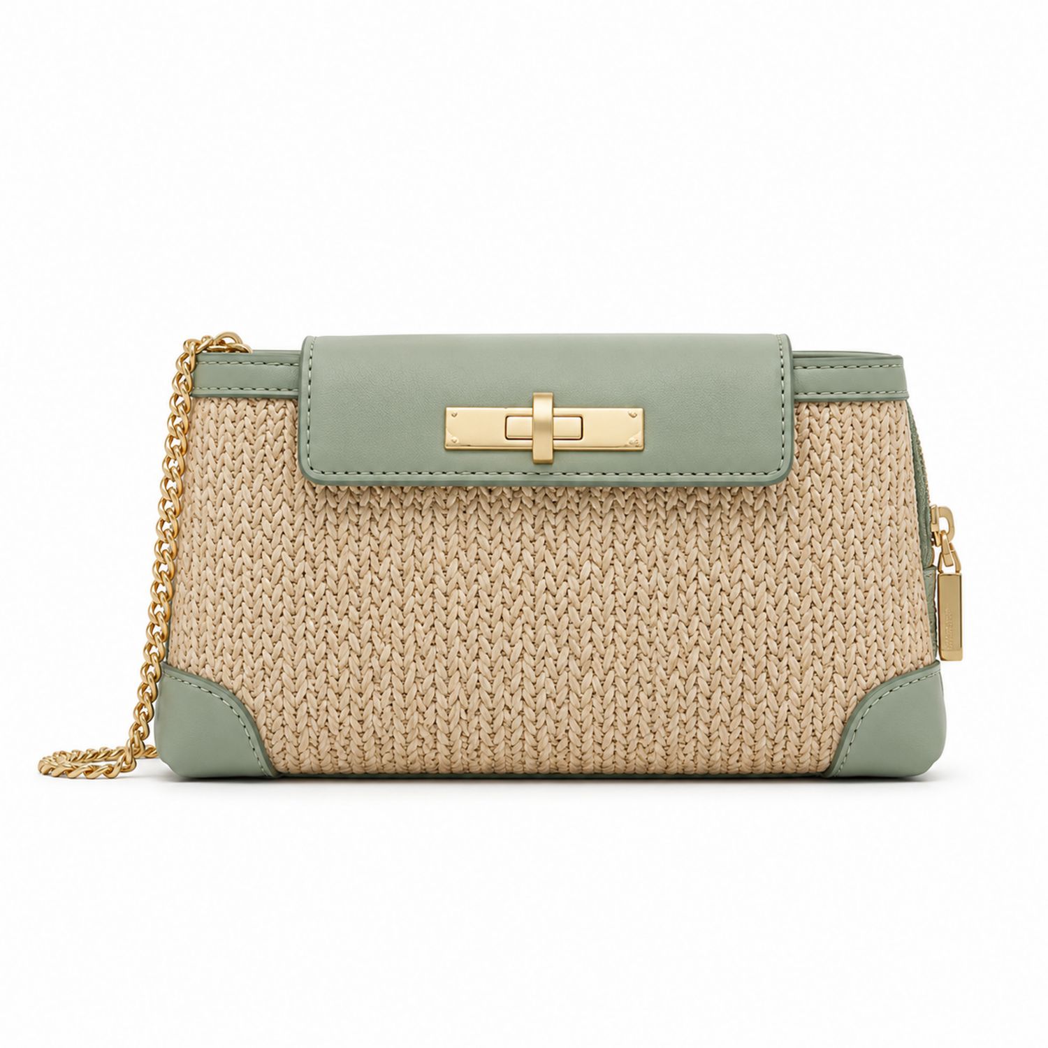Bolso de Hombro Mujer Beige y Verde con Cadena Dorada