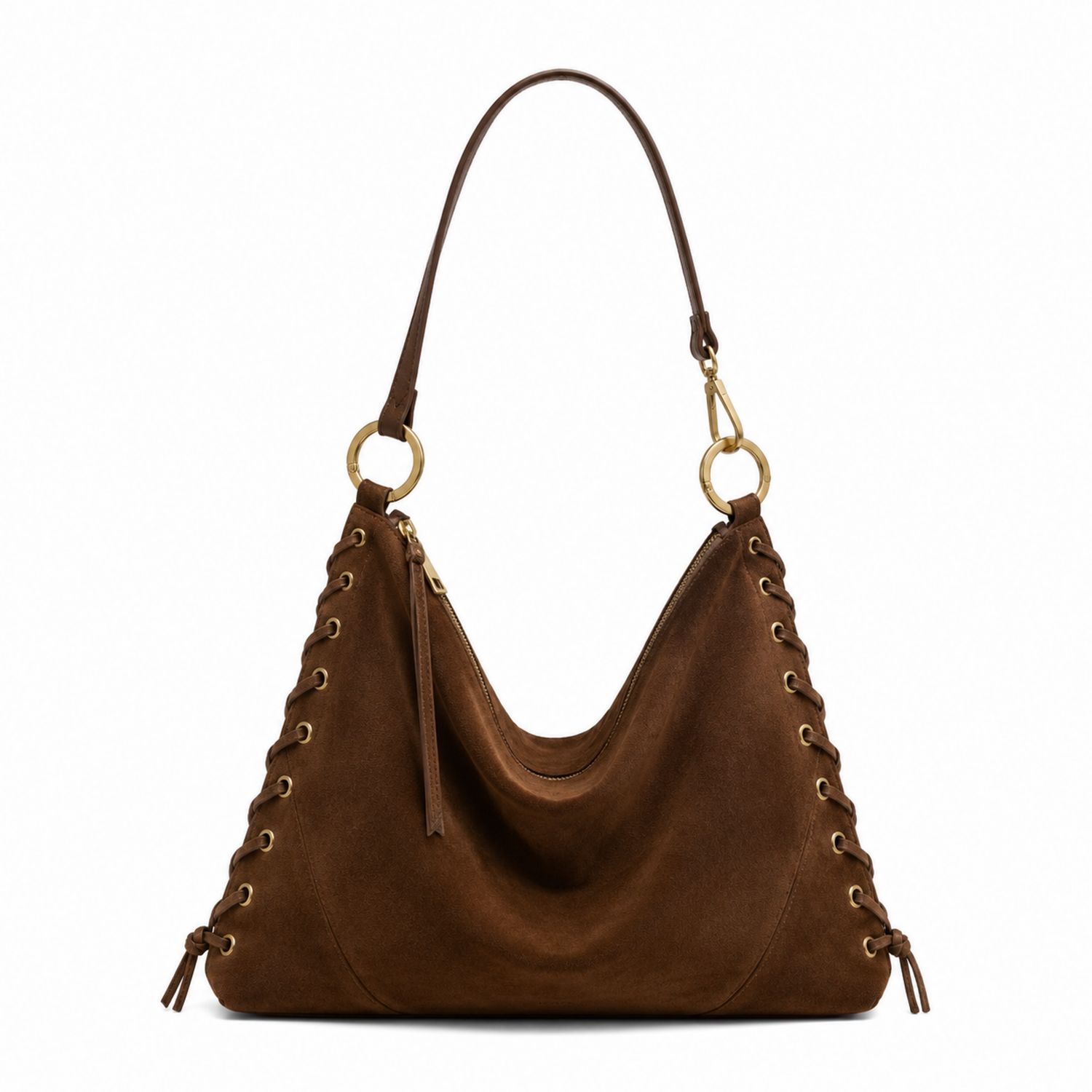 Bolso de Hombro Marrón con Detalles de Ojetes y Aros Dorados