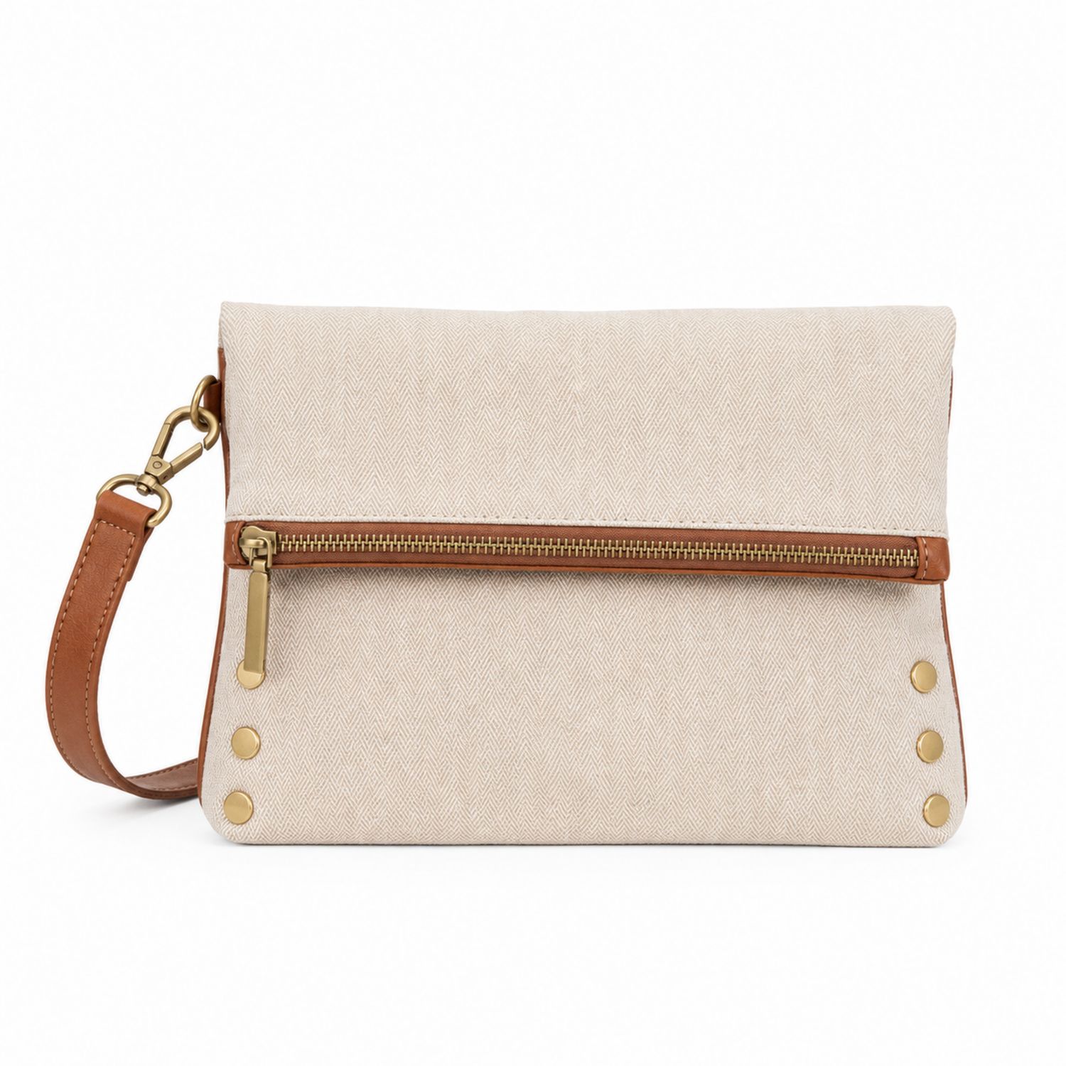 Bolso de Mano Elegante Beige y Marrón con Detalles Metálicos