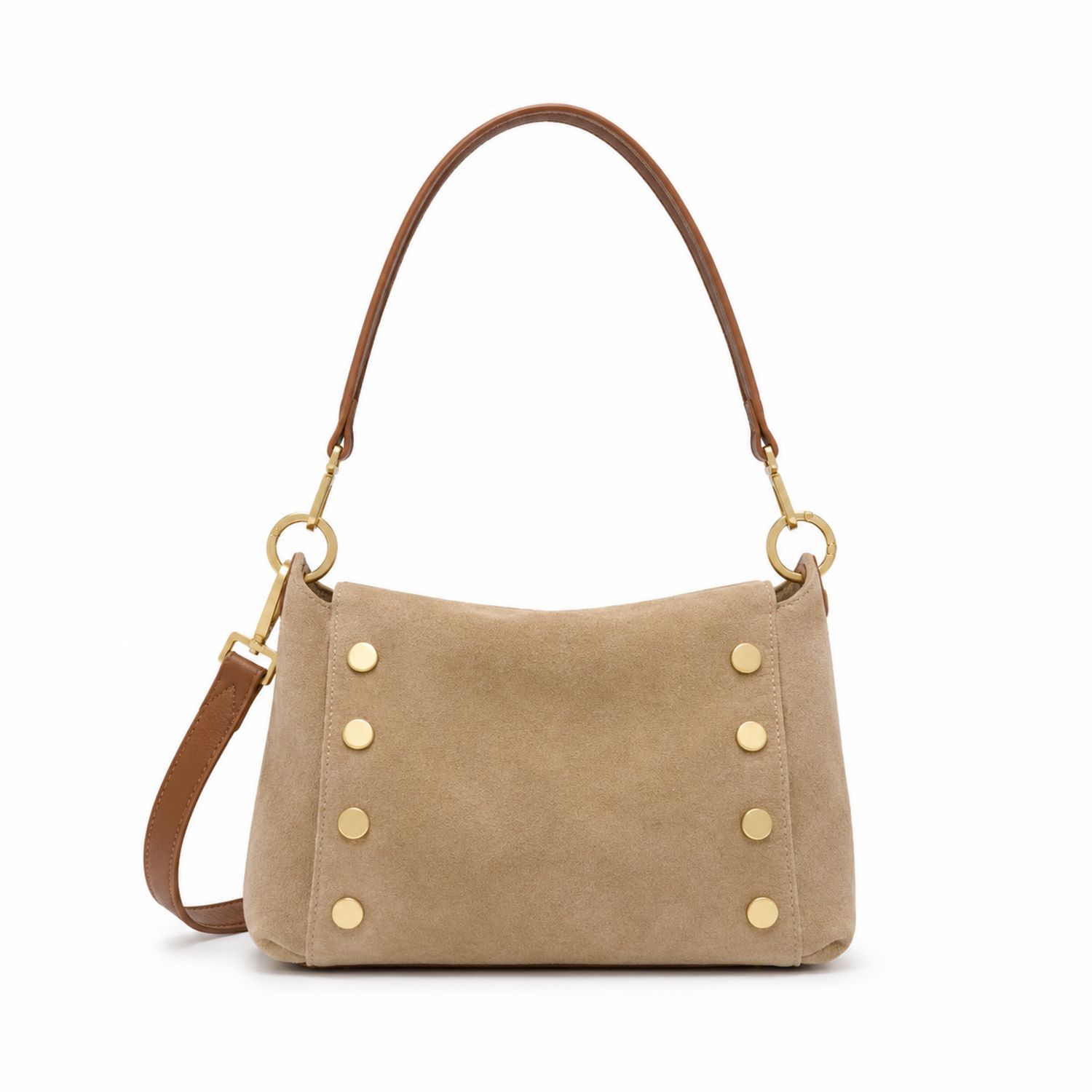 Bolso de Hombro Beige con Tachuelas Doradas y Correa Marrón
