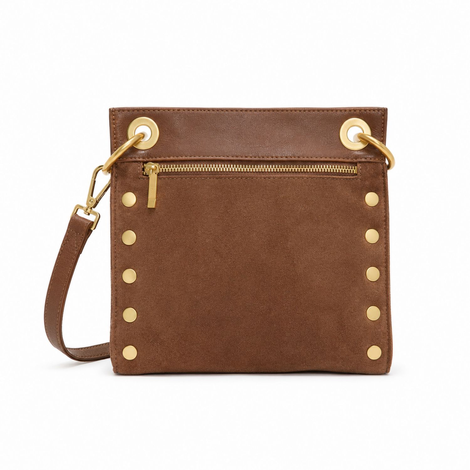 Bolso Bandolera Marrón con Remaches y Cremallera Dorada