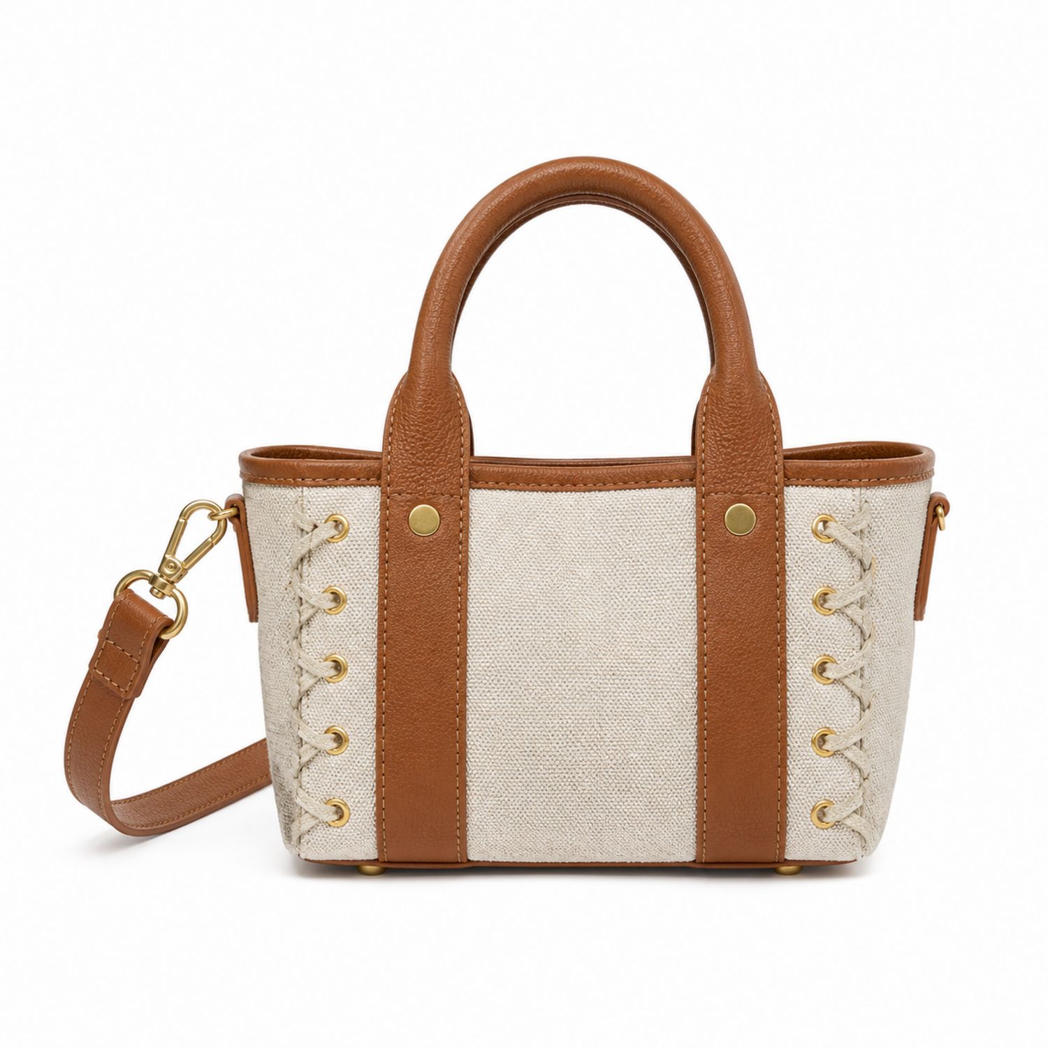 Bolso de Mano de Lona Beige con Detalles Marrones y Encaje