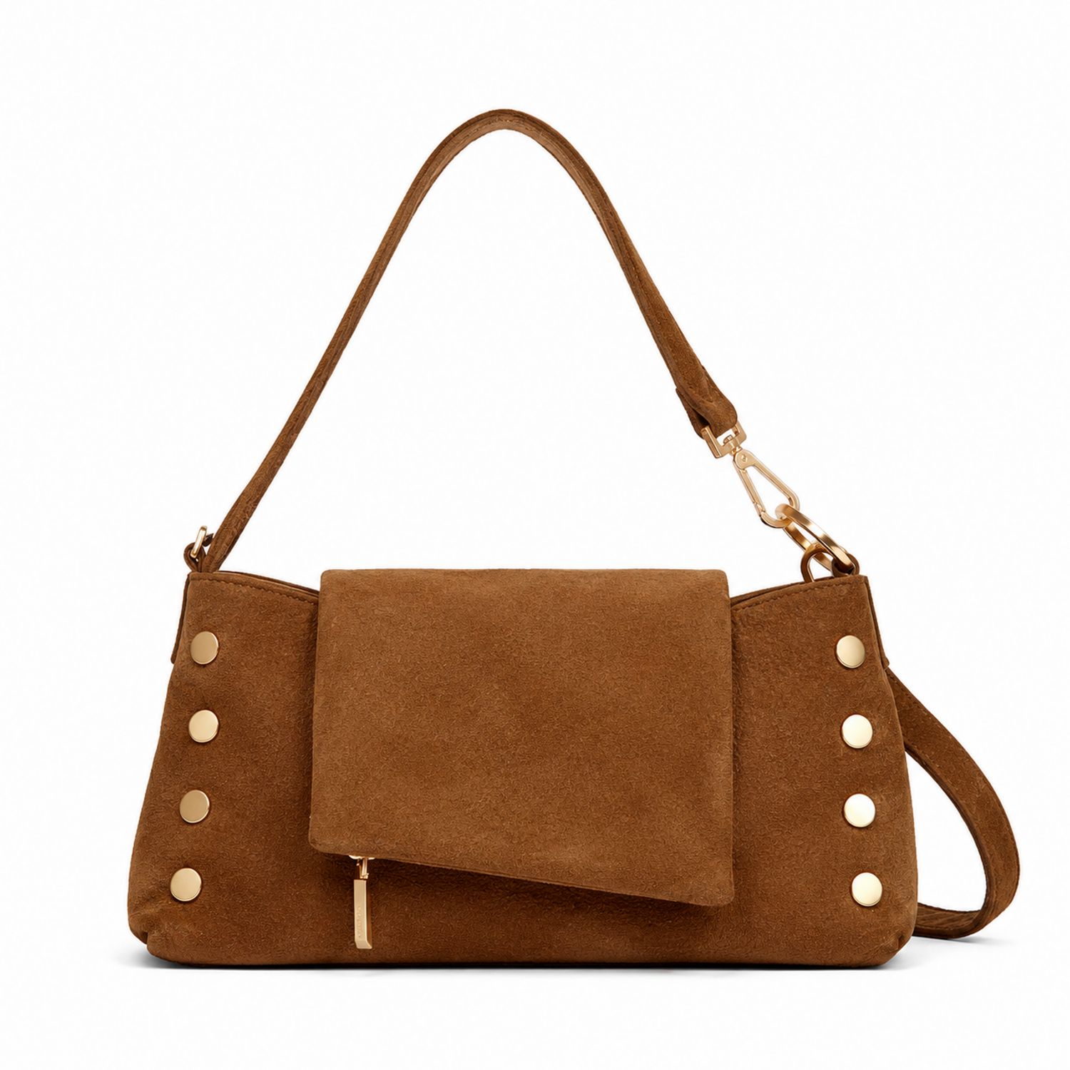 Bolso bandolera marrón con adornos metálicos dorados