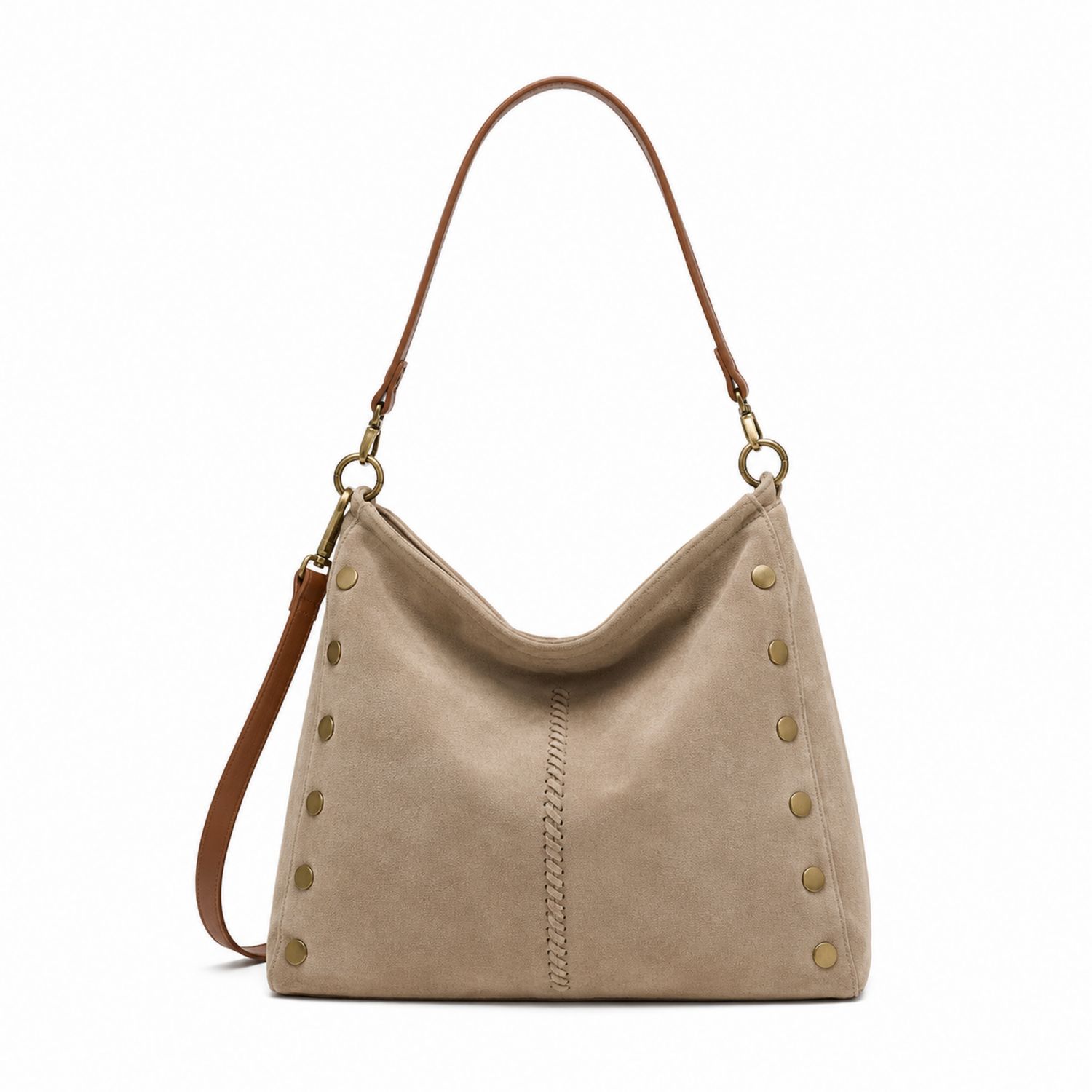 Bolso Hobo Beige con Tachuelas y Correa Ajustable Marrón