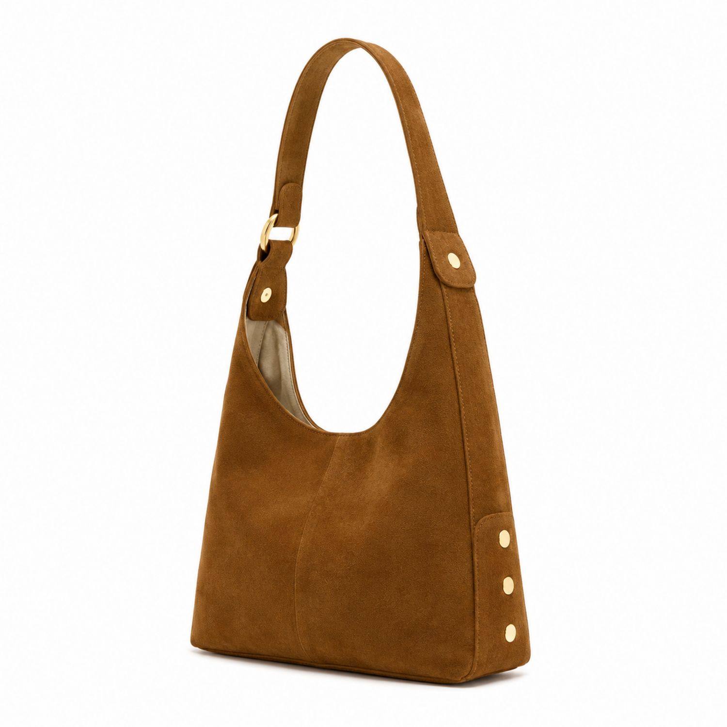 Bolso de hombro marrón con detalles metálicos y diseño minimalista