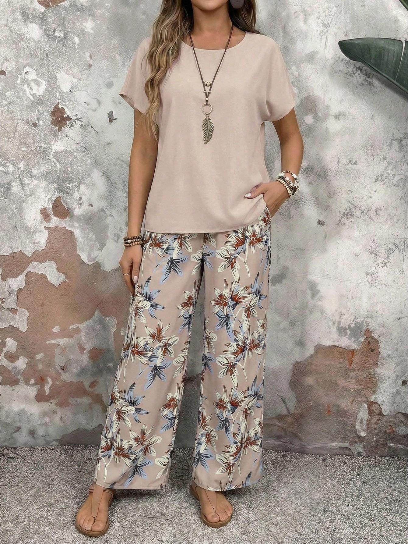 Faunlyn Women Solid Color Round Neck Short Sleeve Top And Flower Print Wide Leg Pants Set For Summer Two Pieces Outfits