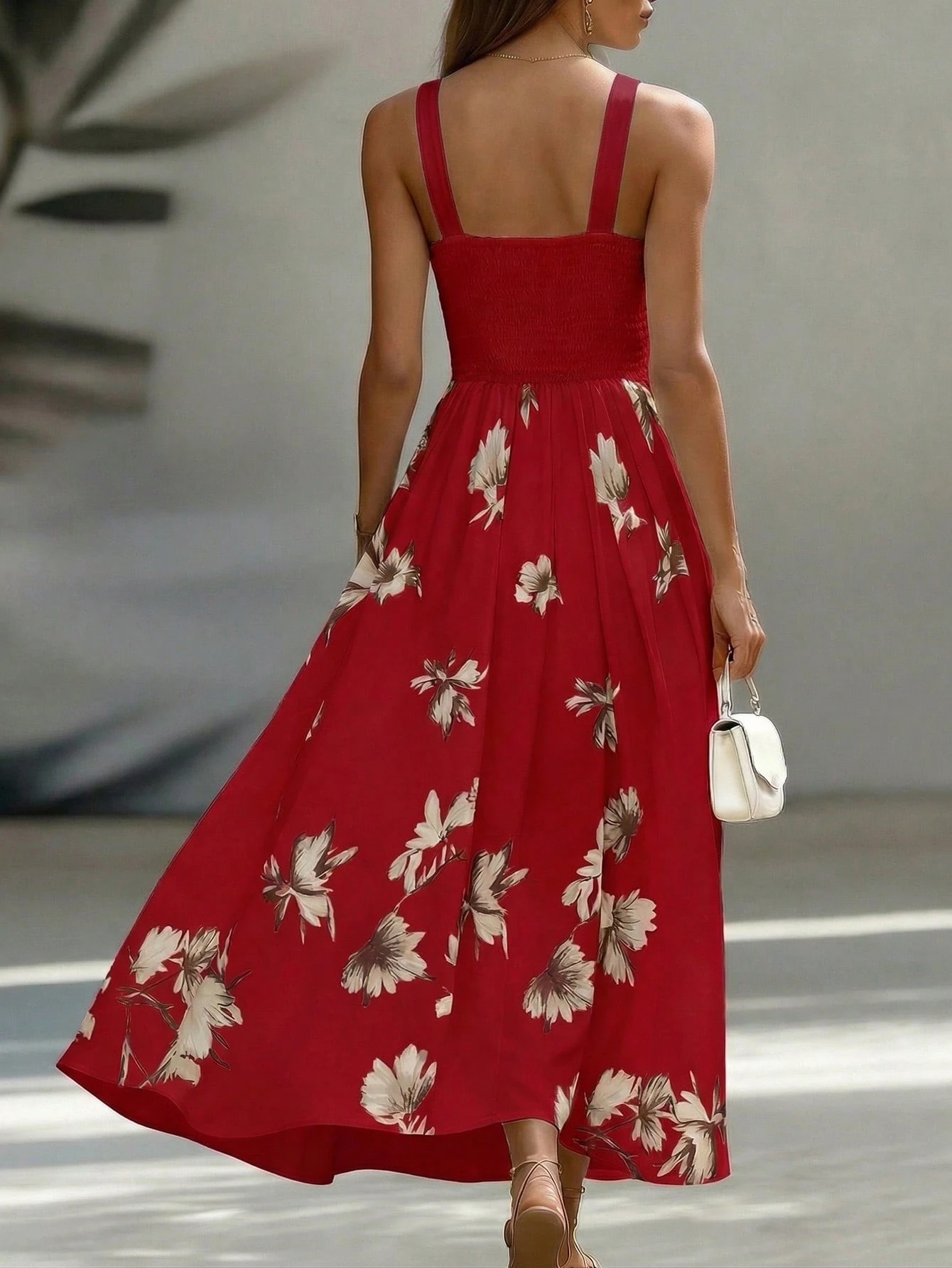 EMERY ROSE AB Patchwork V-Neck Sleeveless Waist Cinched Elegant Midi Dress, Suitable For Work & Vacation
