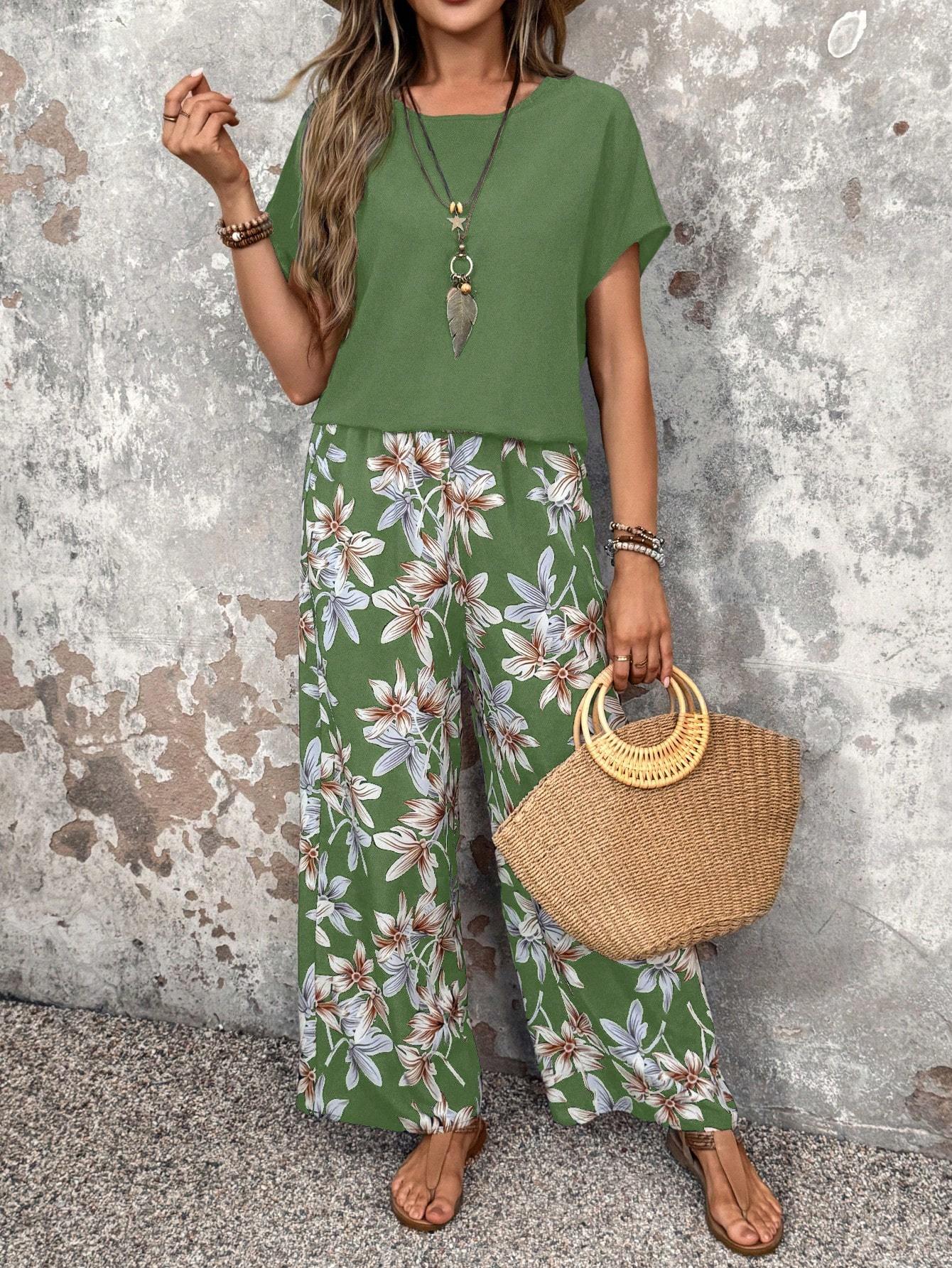 Faunlyn Women Solid Color Round Neck Short Sleeve Top And Flower Print Wide Leg Pants Set For Summer Two Pieces Outfits